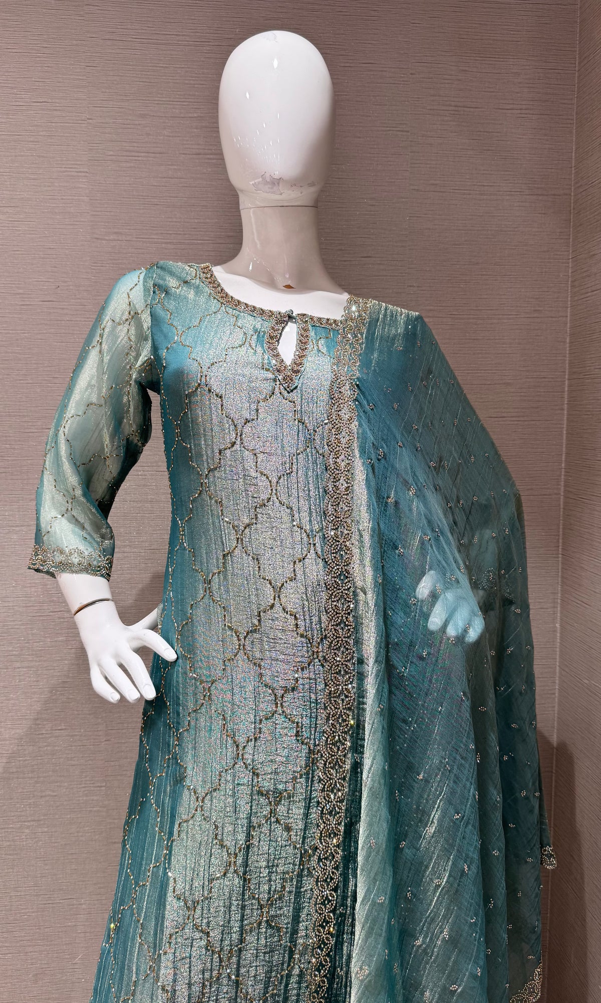 Green Shimmer Golden ethnic Kurta set with dupatta