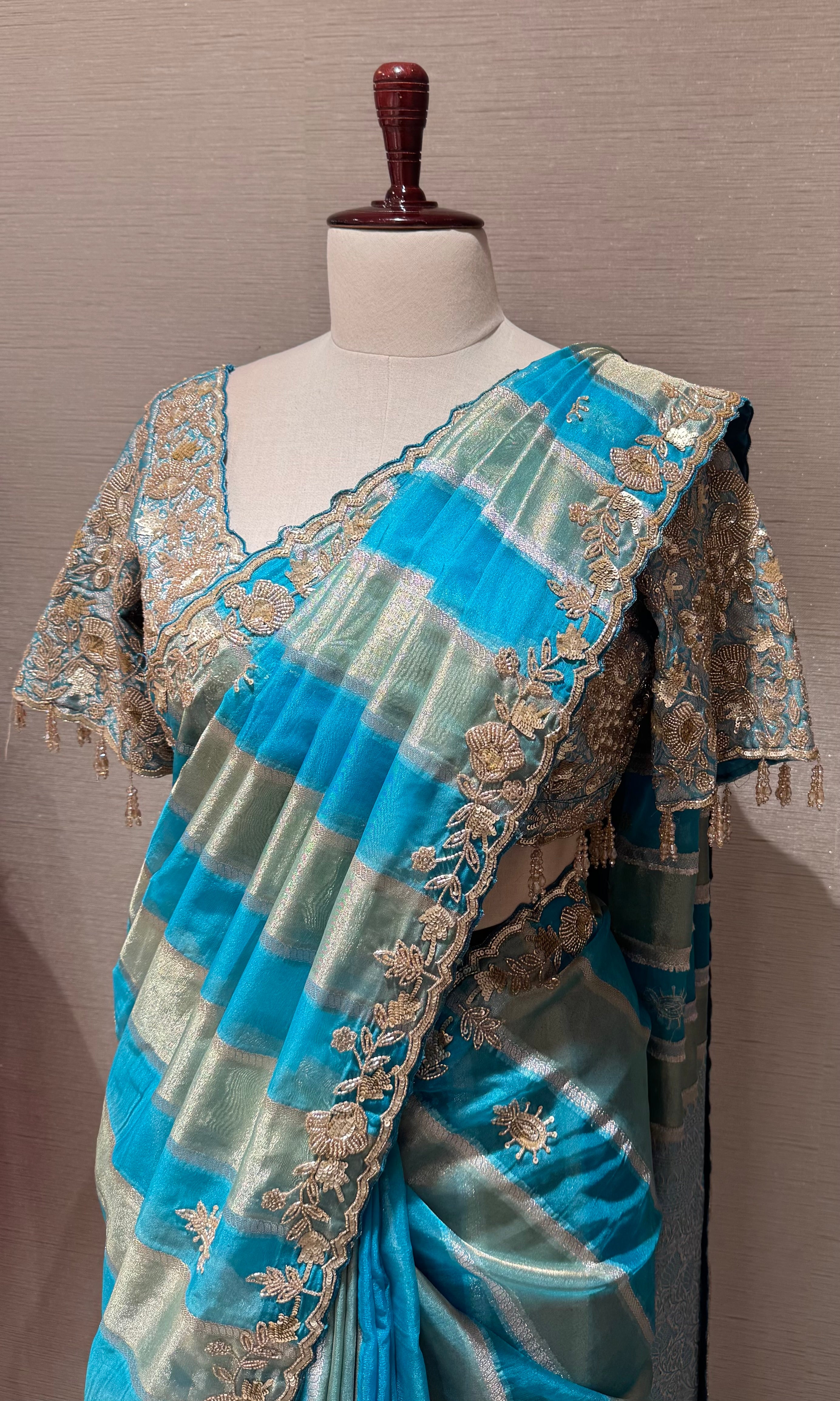 Blue Leheriya saree with embroidered blouse