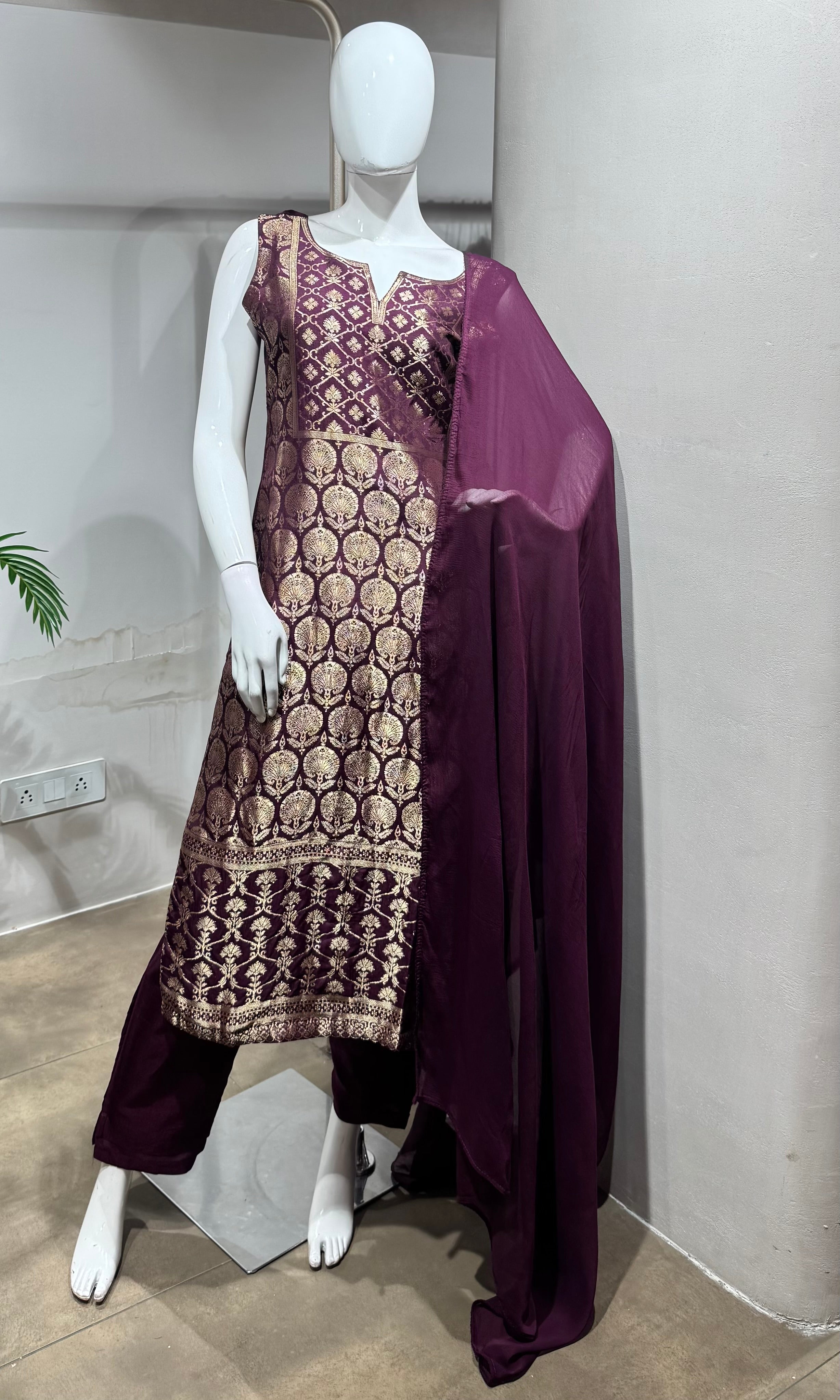 Wine golden banarasi kurta set