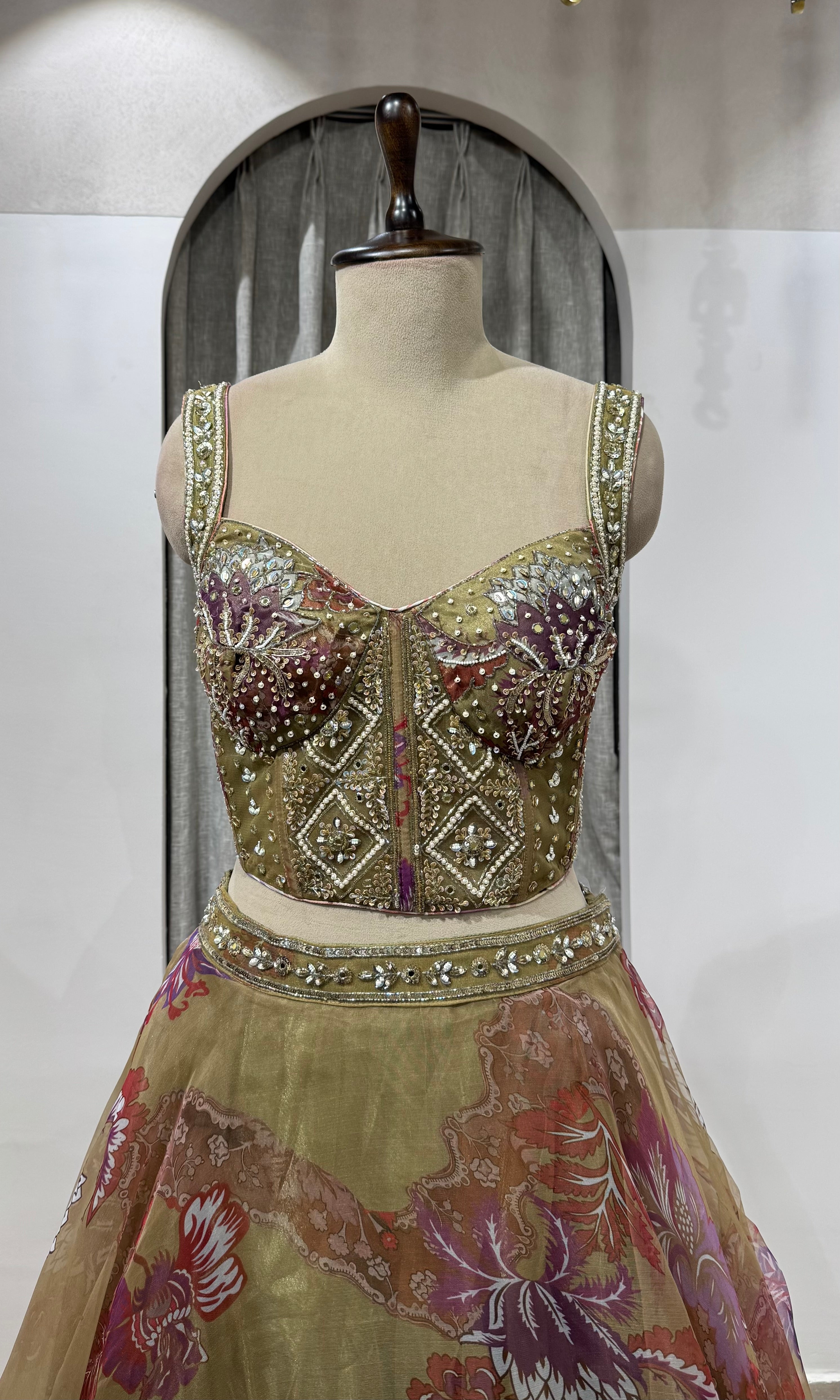 GREEN Floral Printed Corset Lehenga