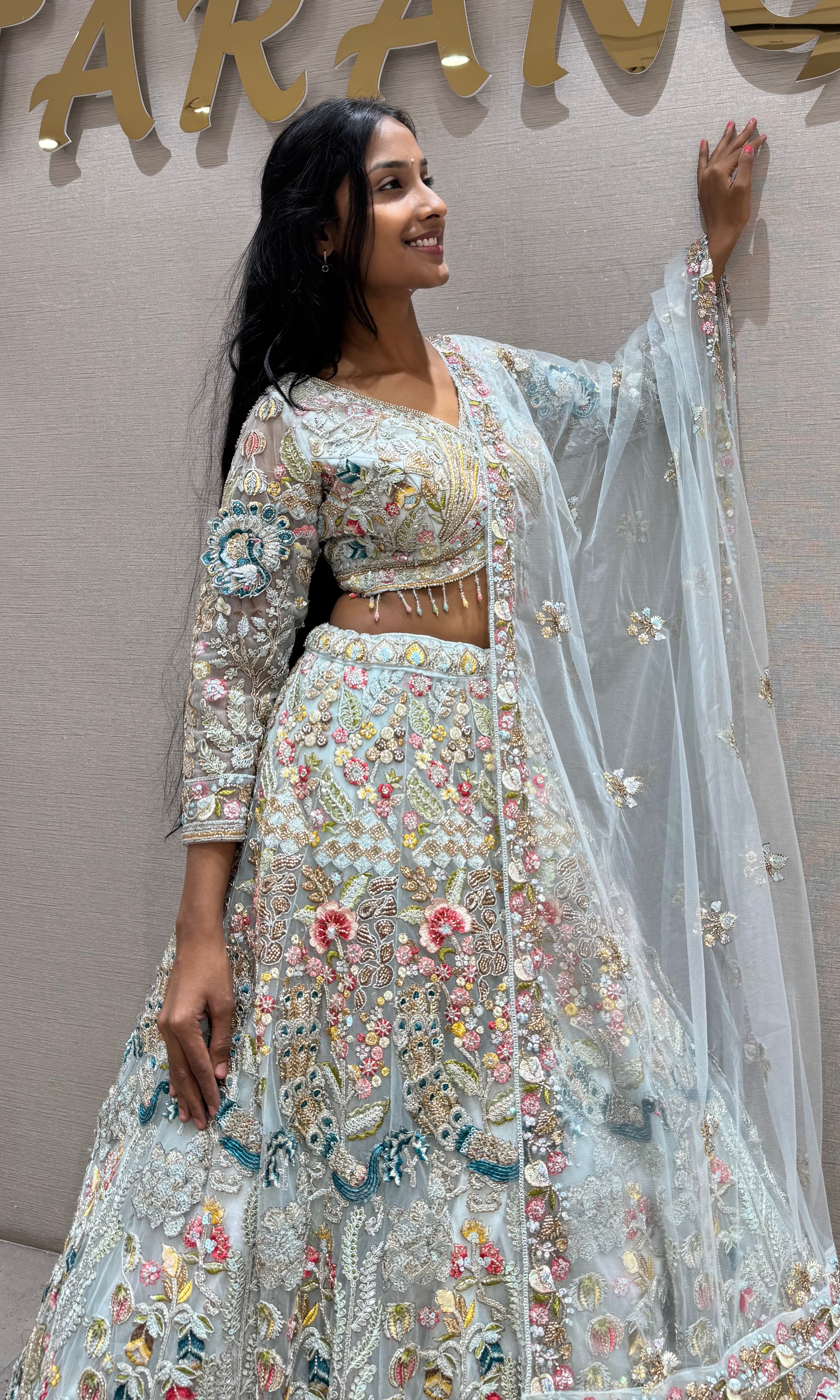Mint Blue Multi-Color Floral Designer Bridal Lehenga