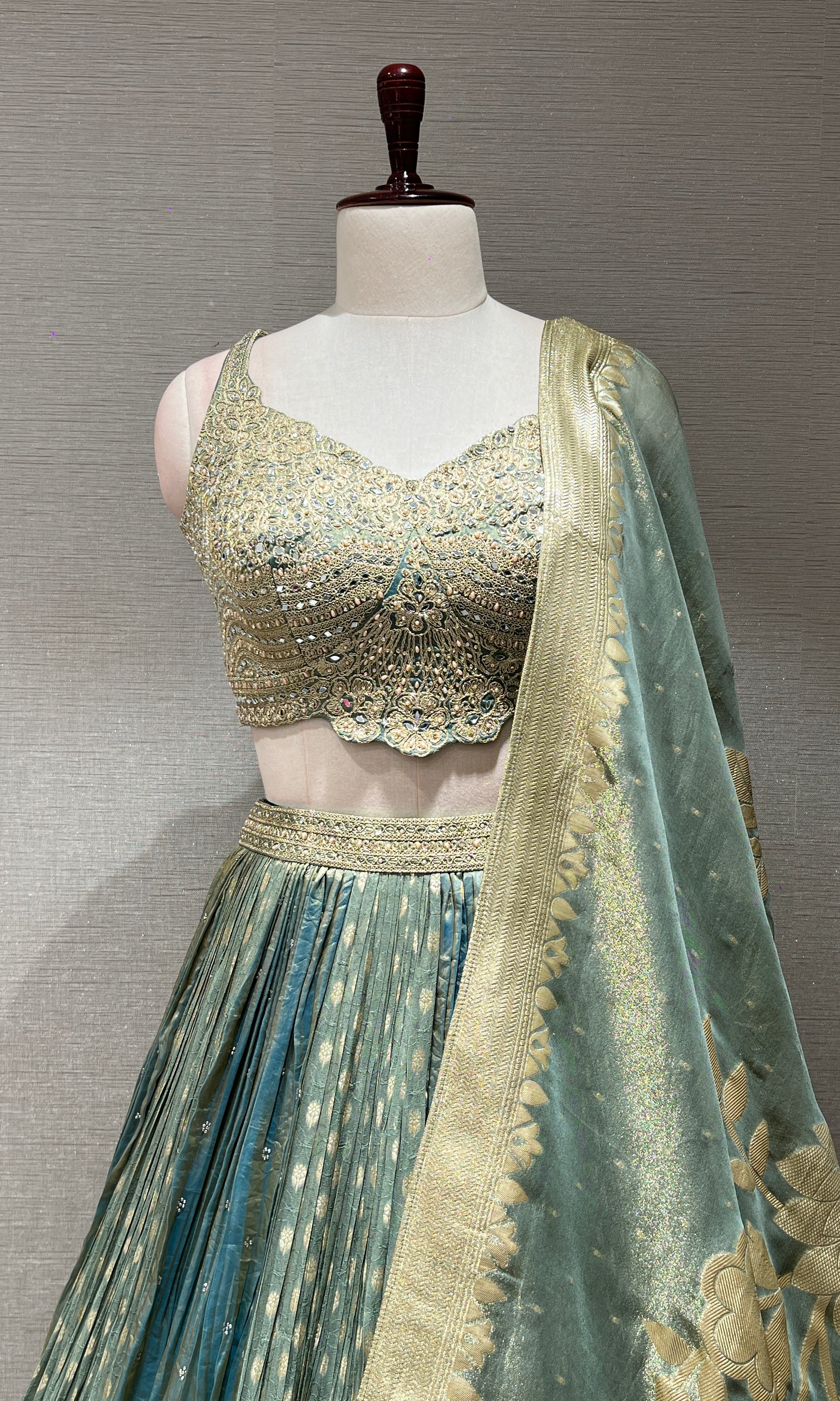 GREEN SILK GOLDEN EMBROIDERED LEHENGA