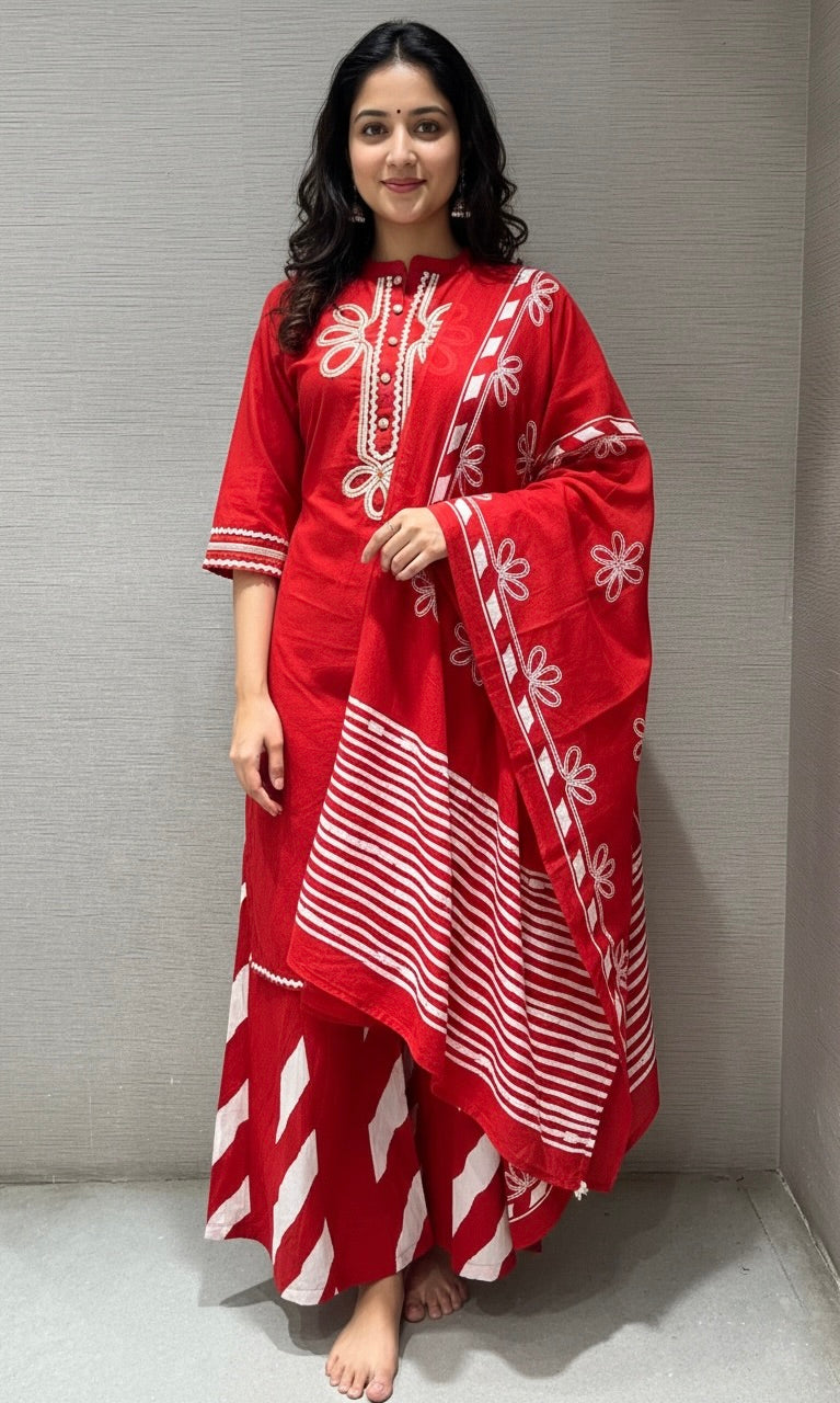 Red FLORAL KURTA SET WITH  palazzo PANTS