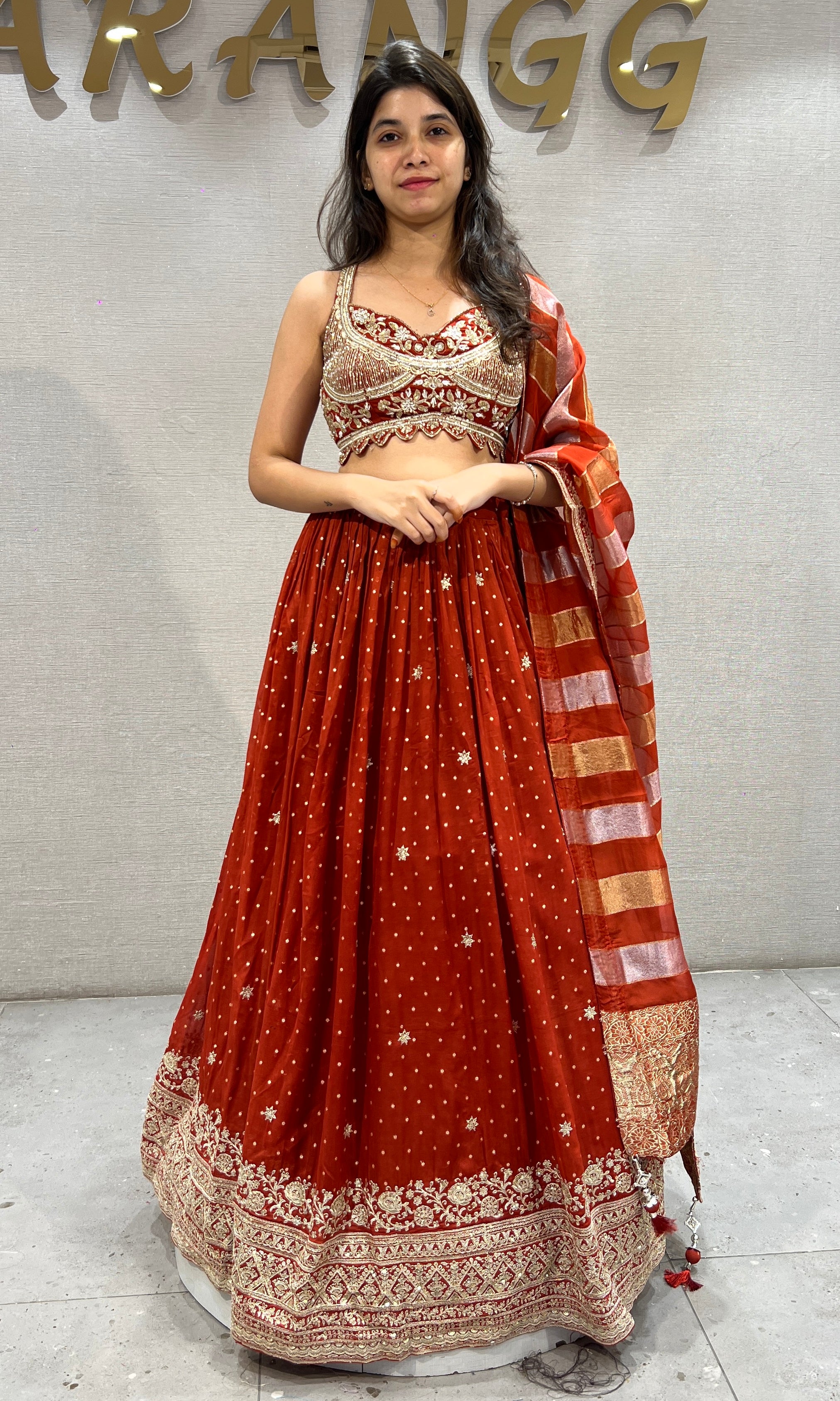Rust golden Lehenga Set with Striped Dupatta