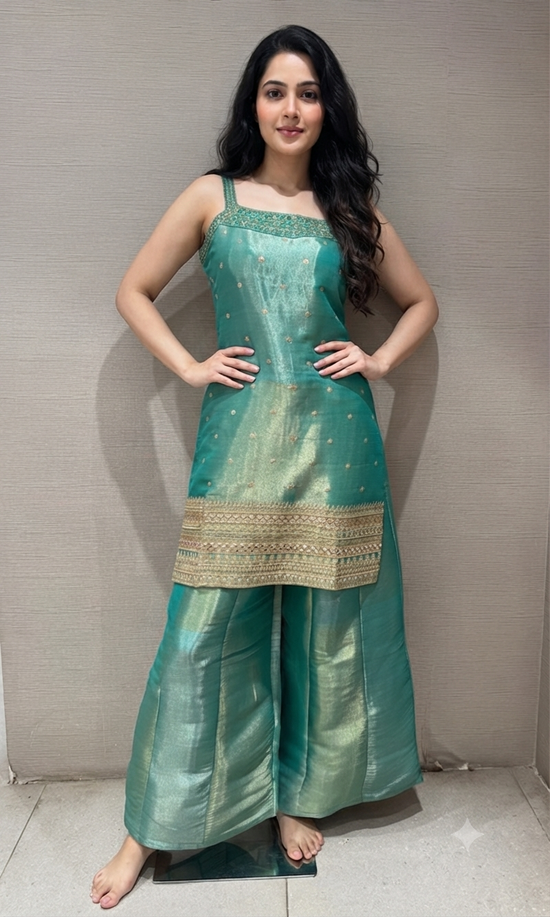 Green and Gold Zari Sharara set with Sheer Dupatta