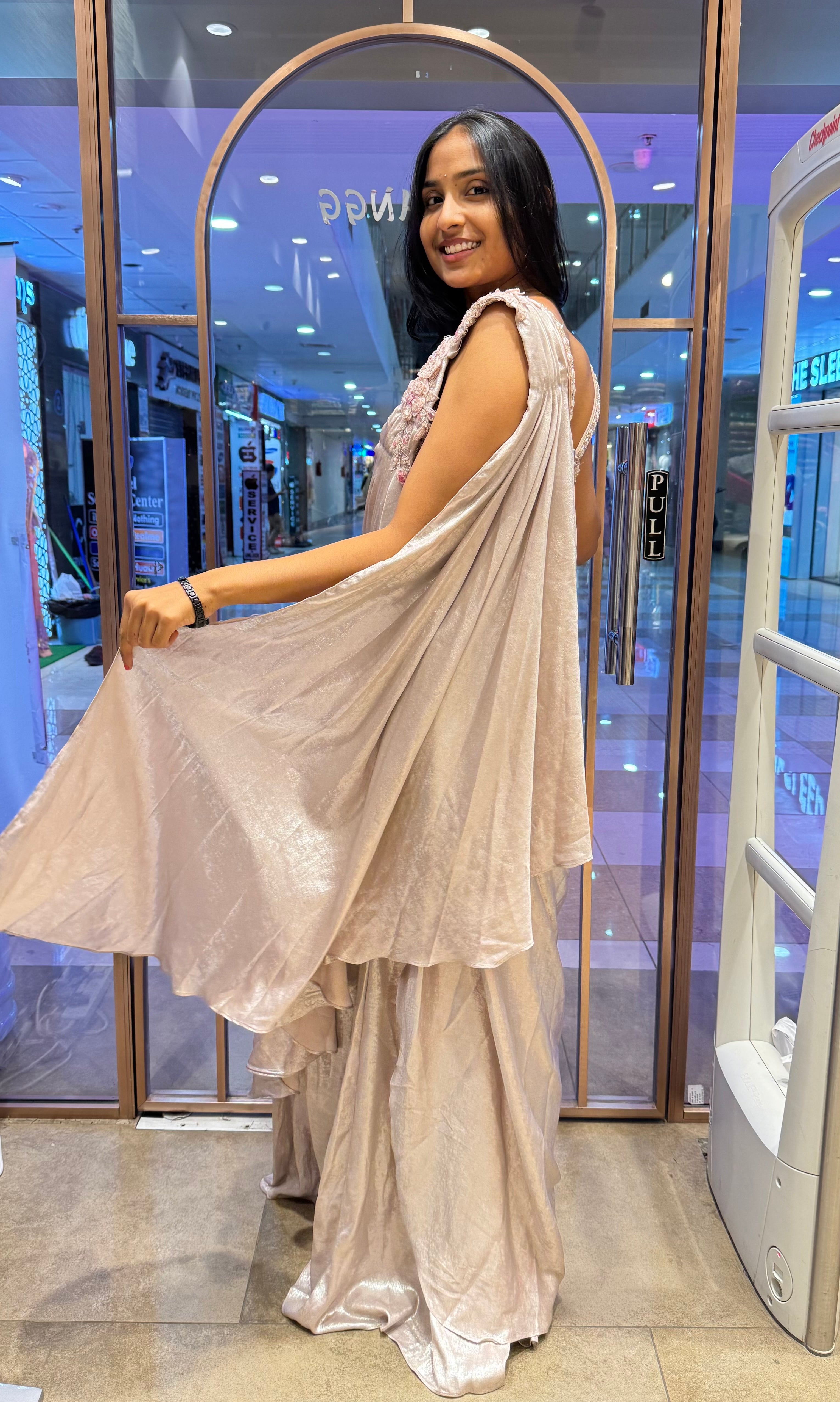 PINK AND BEAGH EMBELLISHED DRAPE SAREE