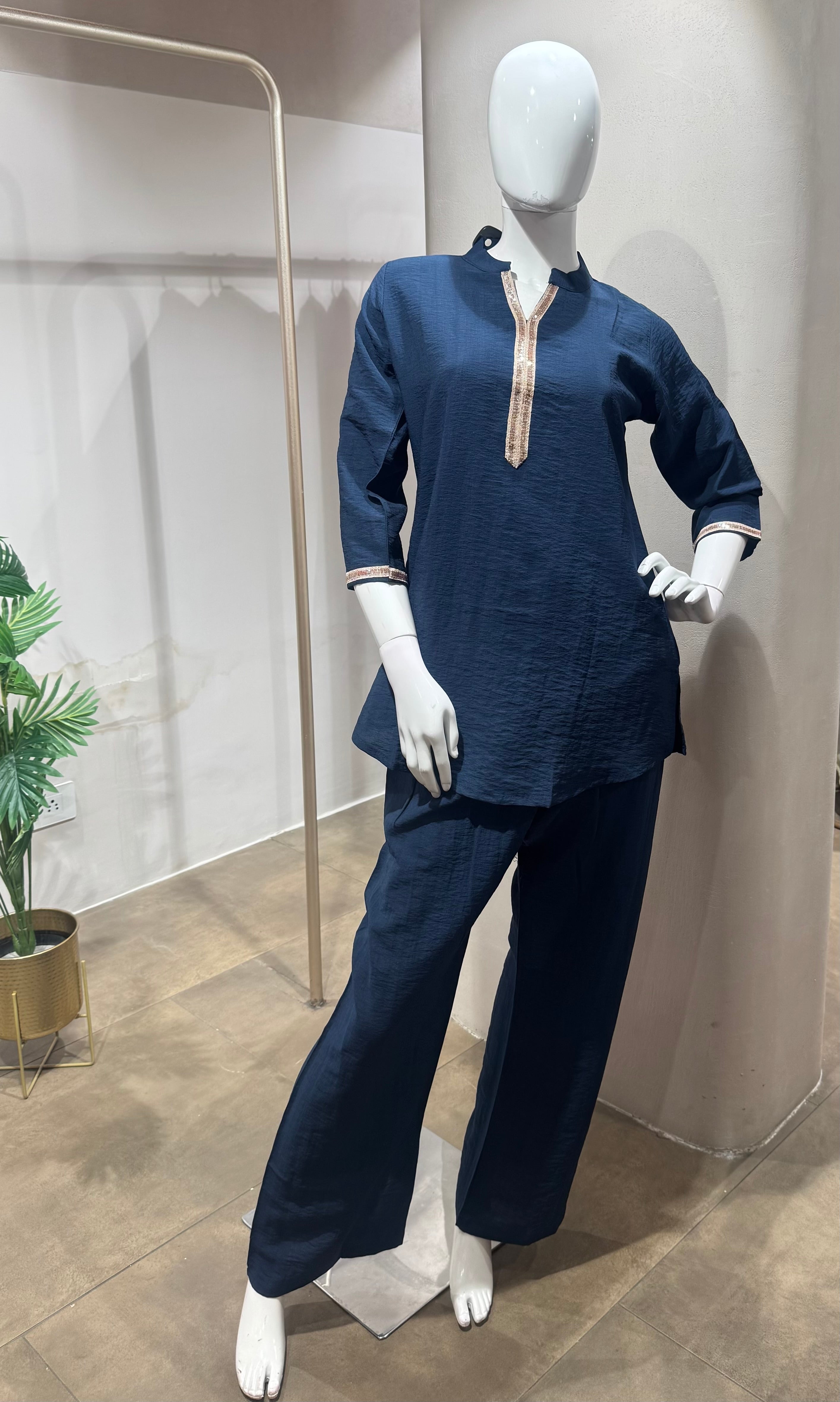 Blue golden neckline cord set