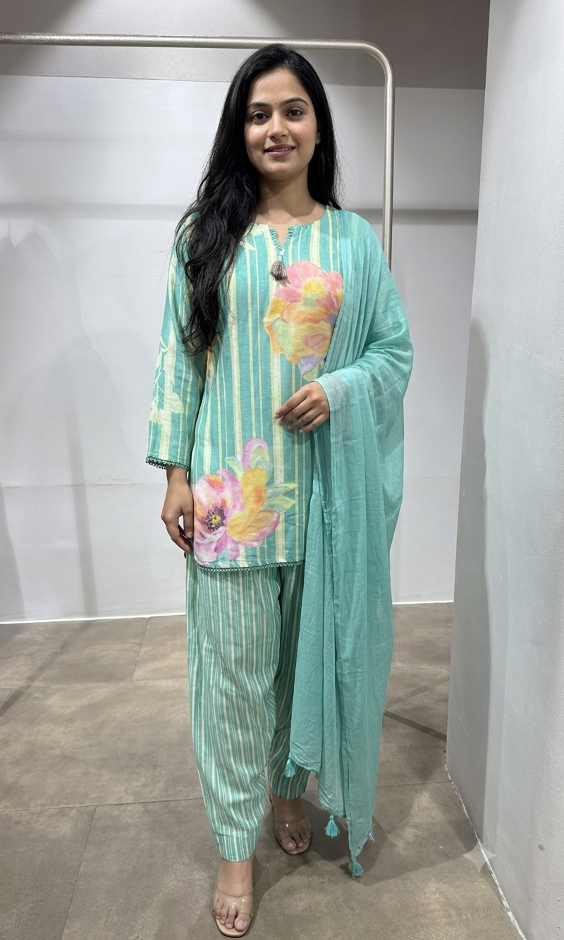 Aqua Green Floral Printed Farsi salwar