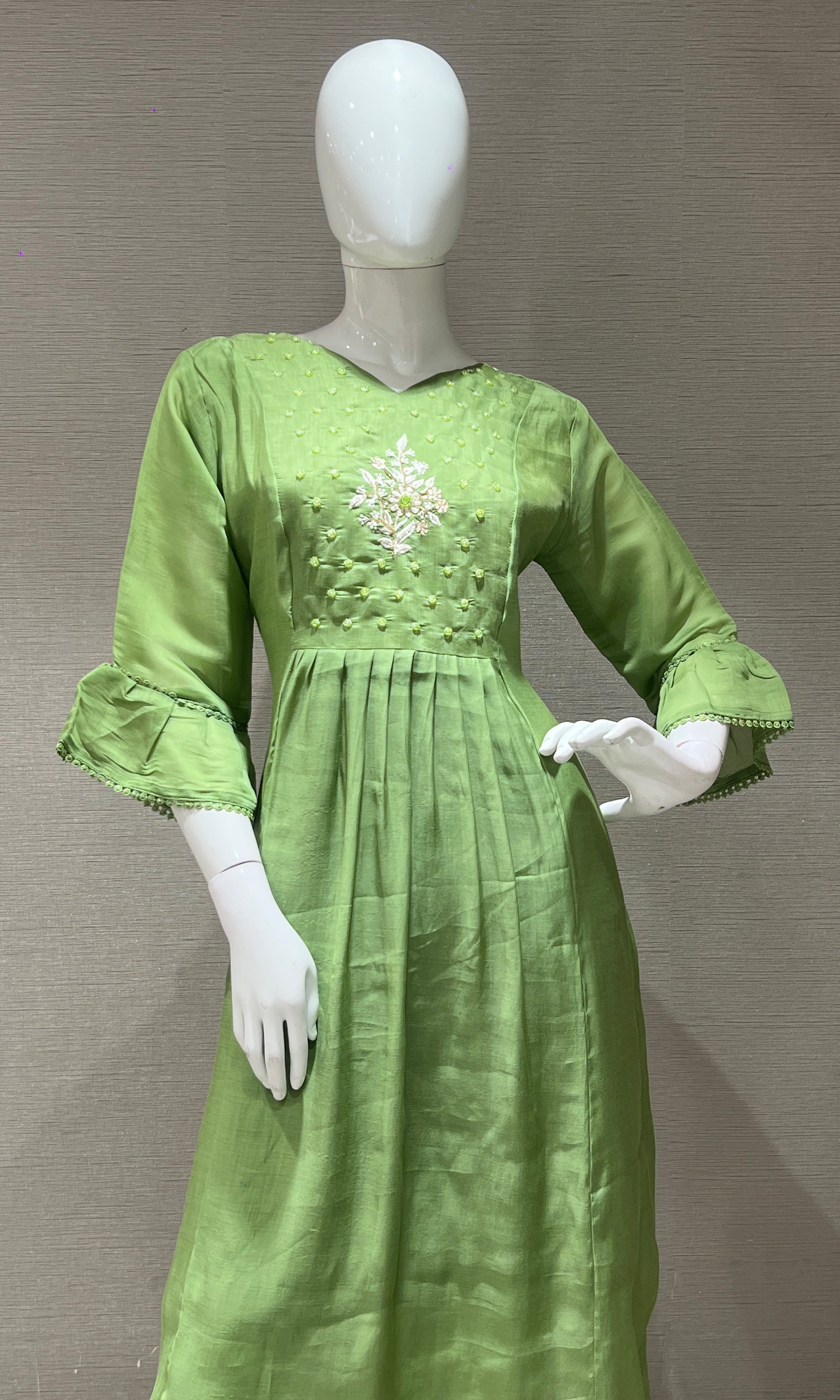Pista green floral embroidered kurta set