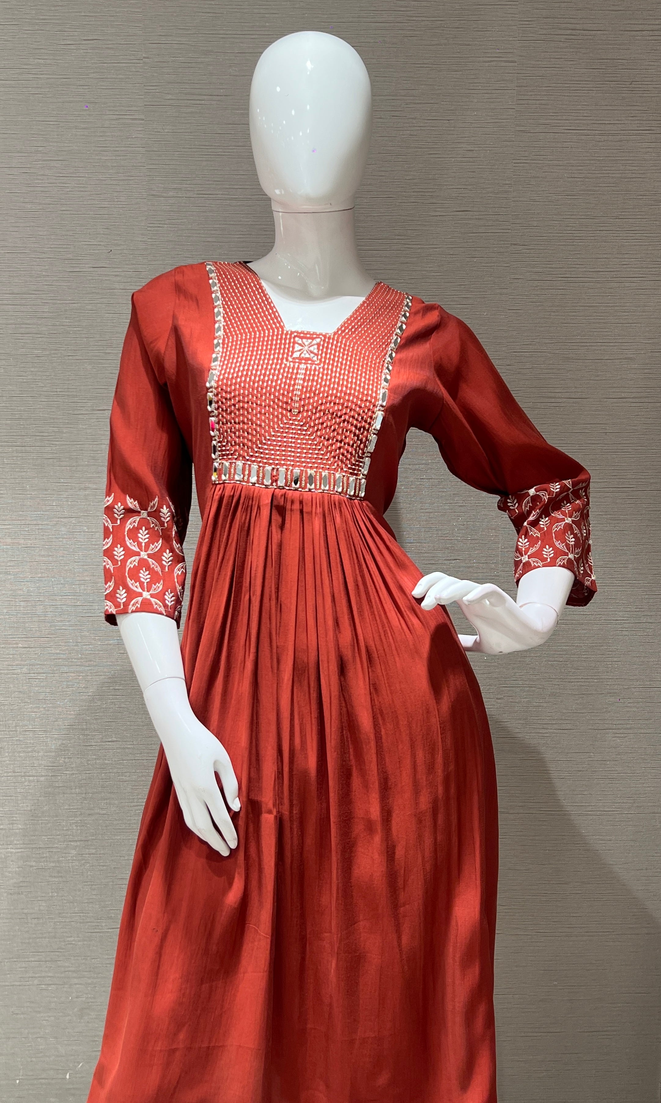 Rust Embroidered Kurta Set with Print Dupatta