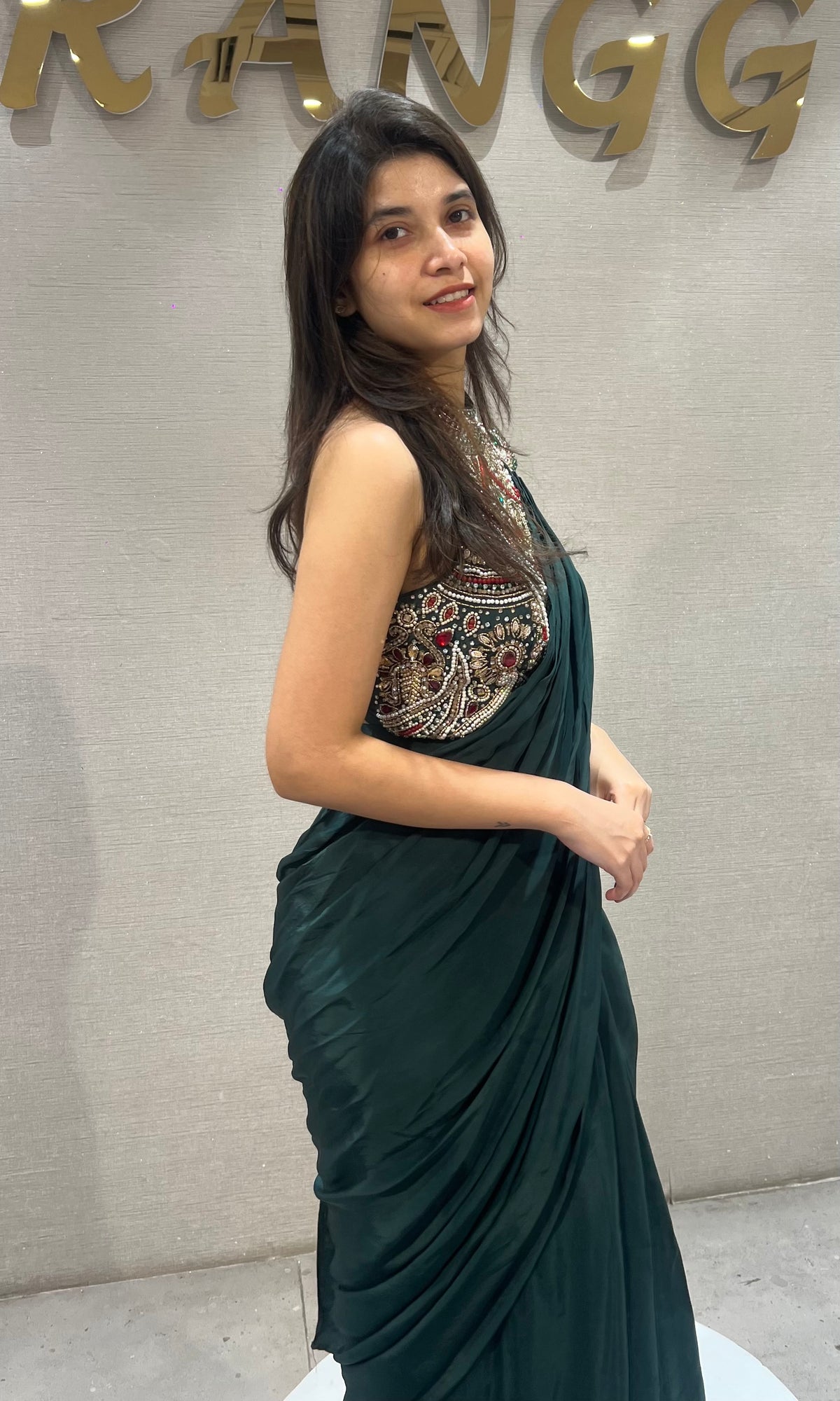 Bottel Green Georgette Saree and Embroidered Blouse