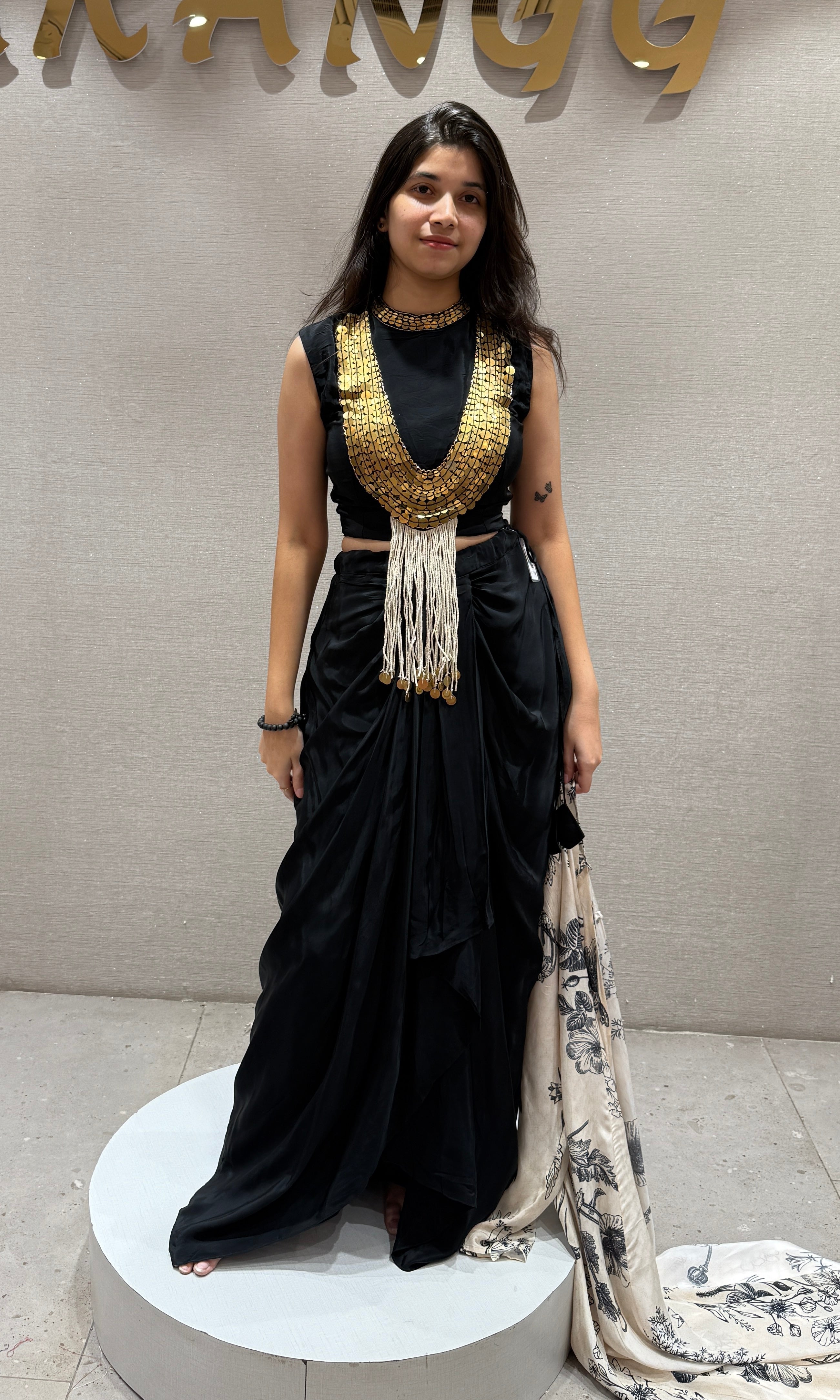 Midnight Black skirt with Printed Long Jacket