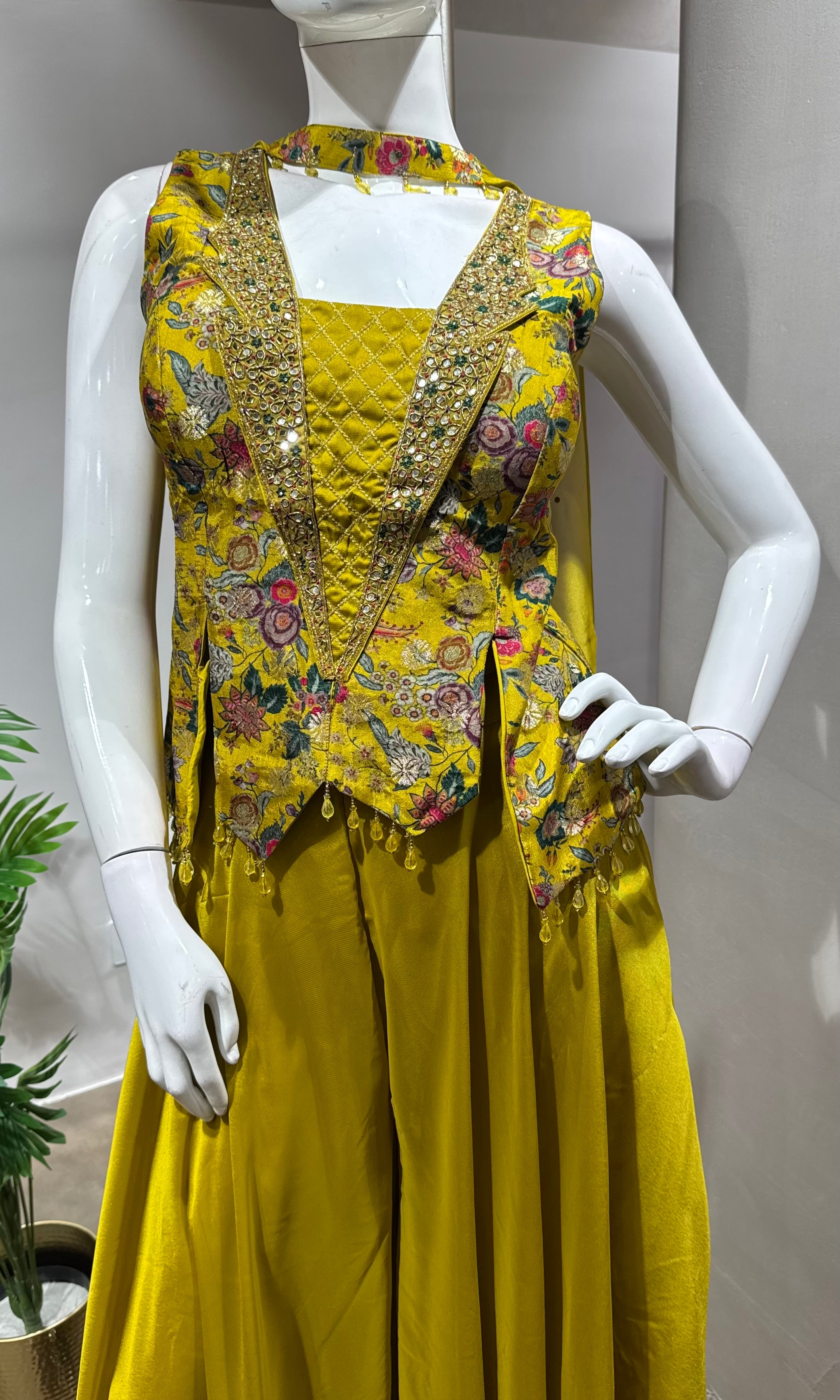 YELLOW EMBROIDERED PEPLUM PALAZZO SET