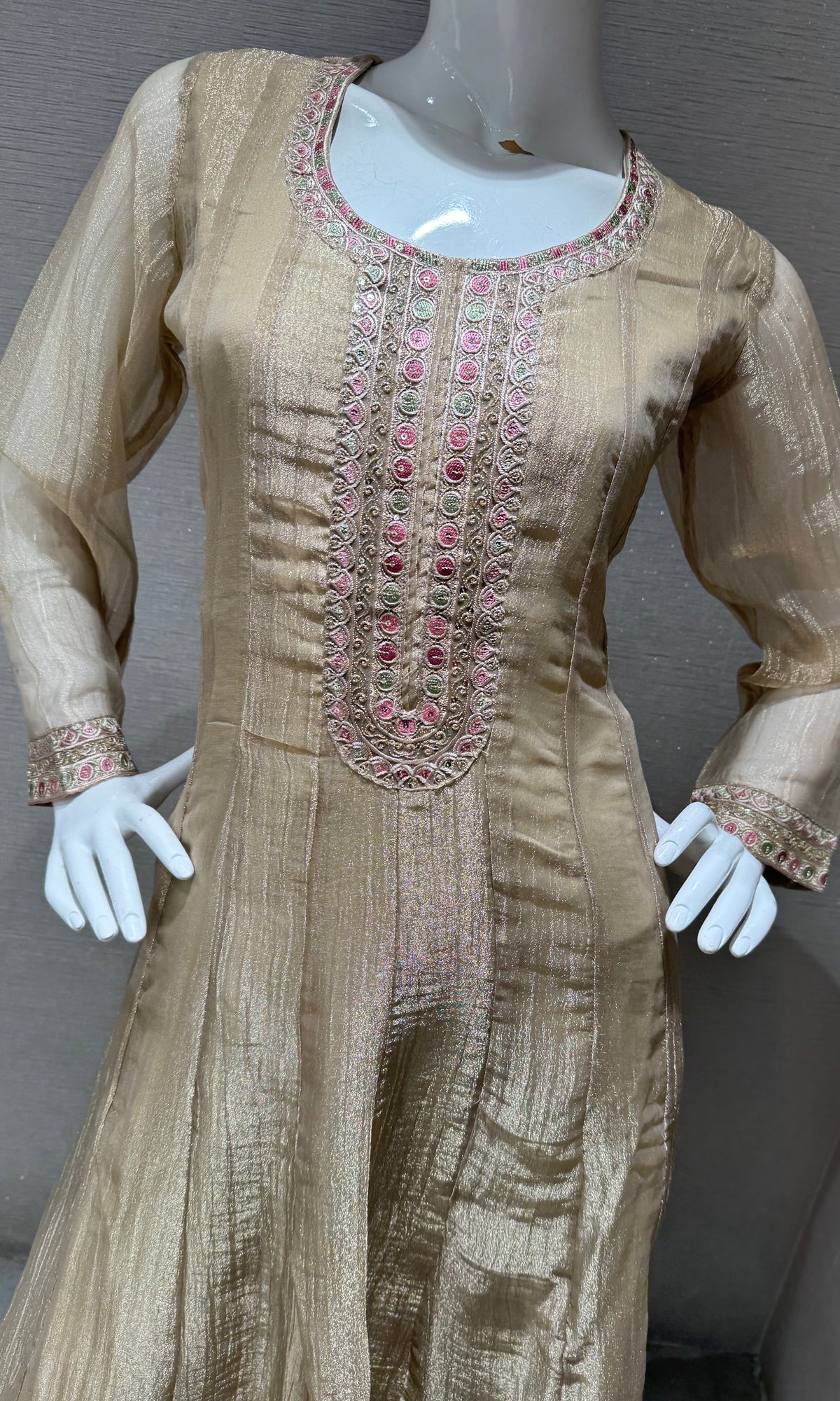 BEIGE EMBROIDERED TISSUE ANARKALI SET WITH FLORAL DUPATTA
