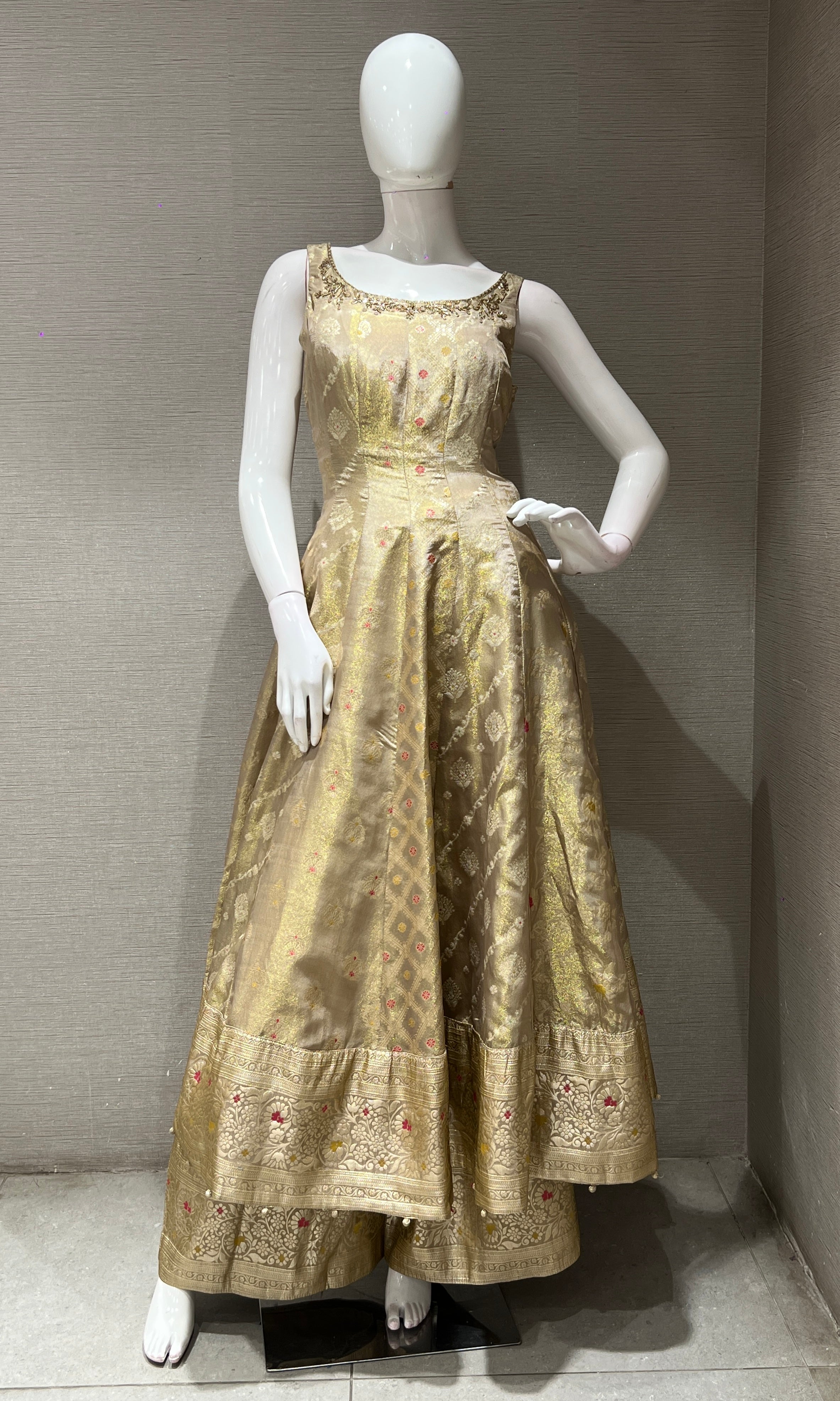 Beige Golden Anarkali Gown with Dupatta