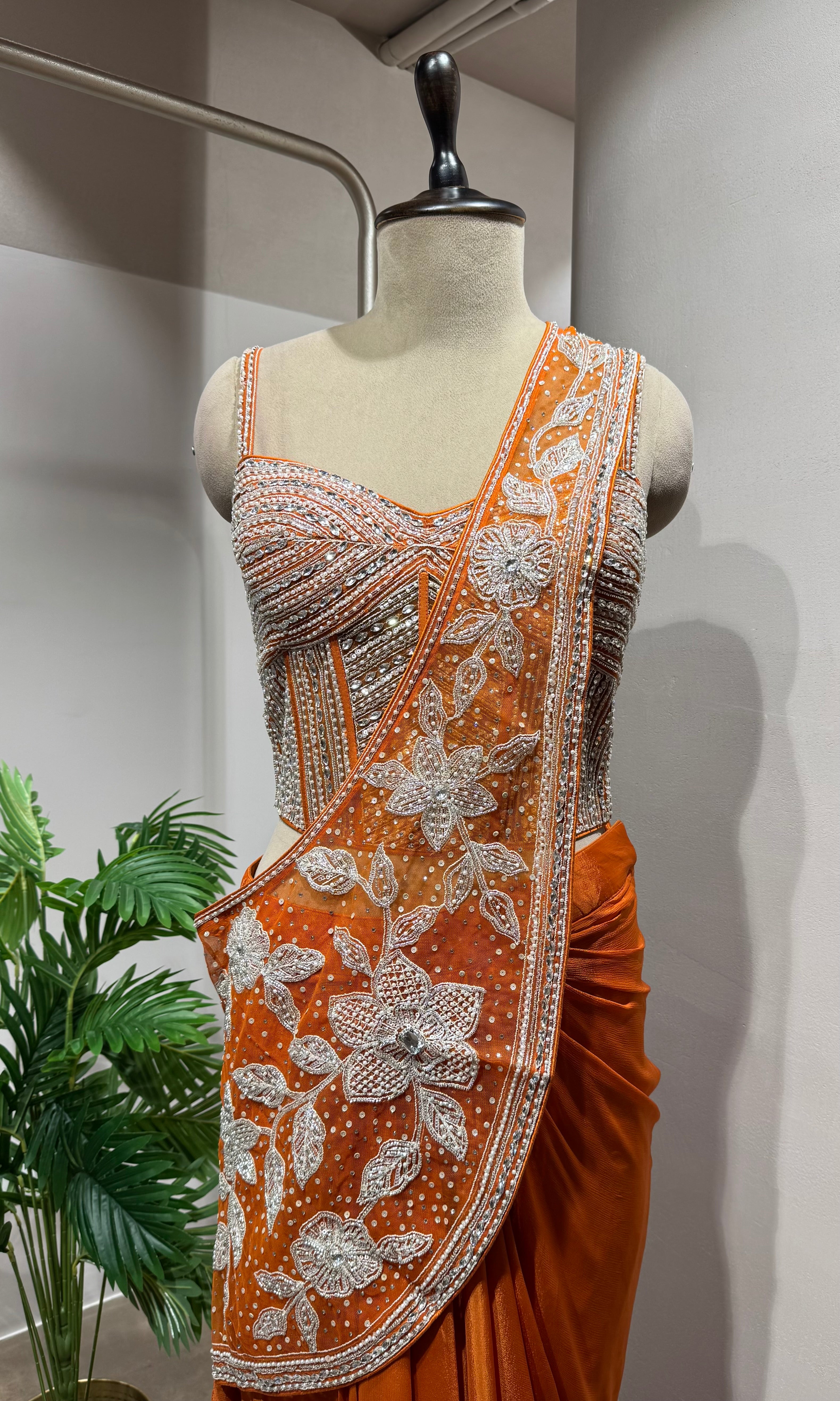Orange drape Saree with Crystal Floral Embroidery blouse