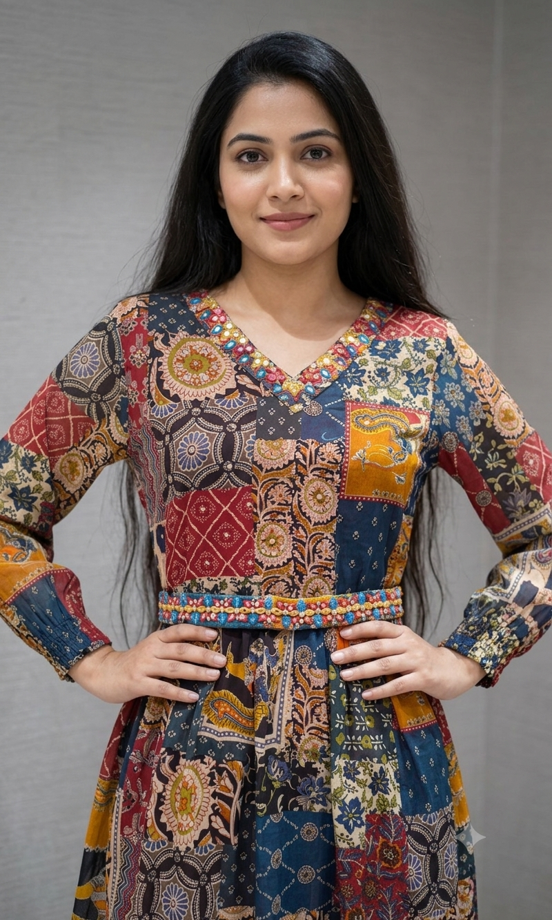BROWN multicolor patchwork print frock