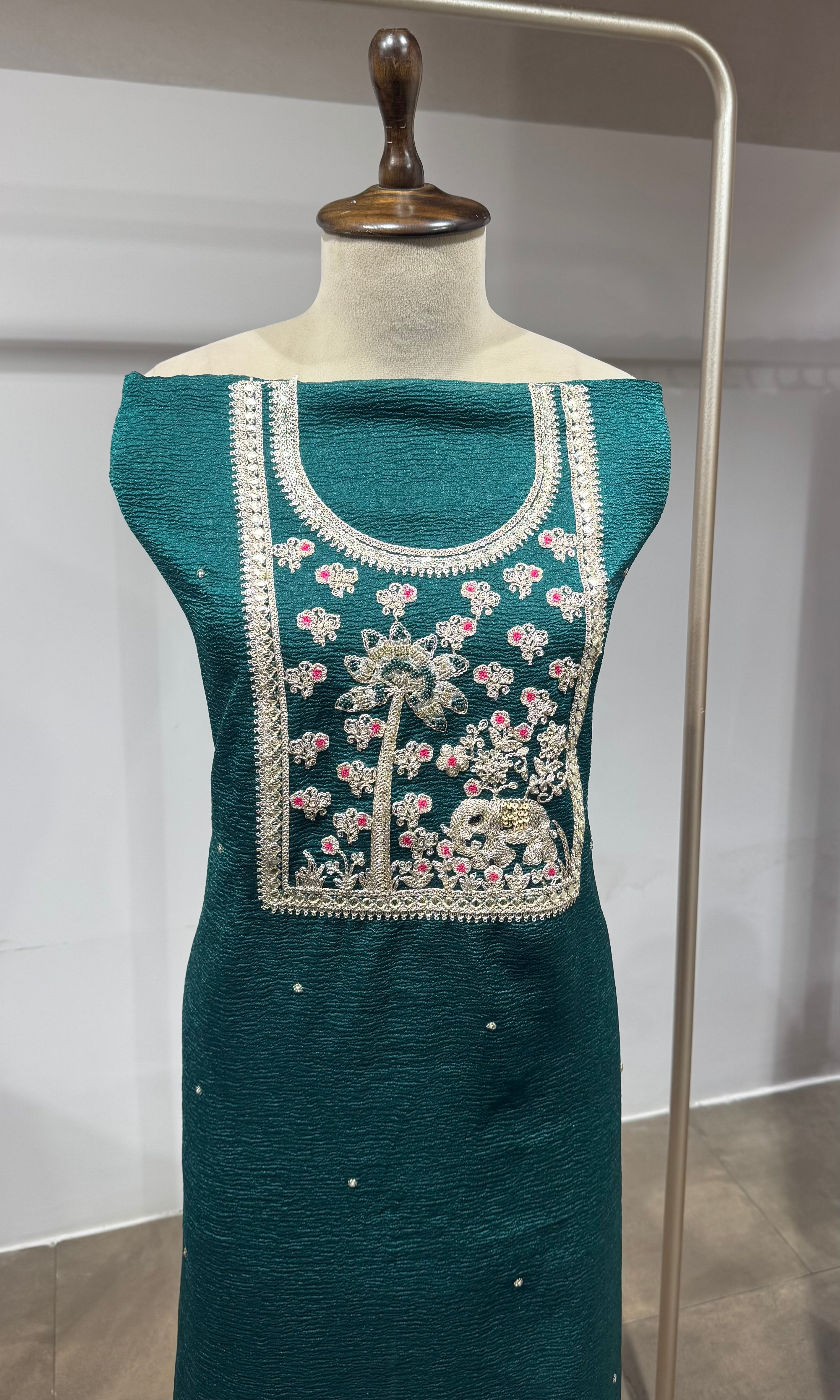 Green ETHNIC DRESS MATERIAL WITH BANARASI DUPATTA