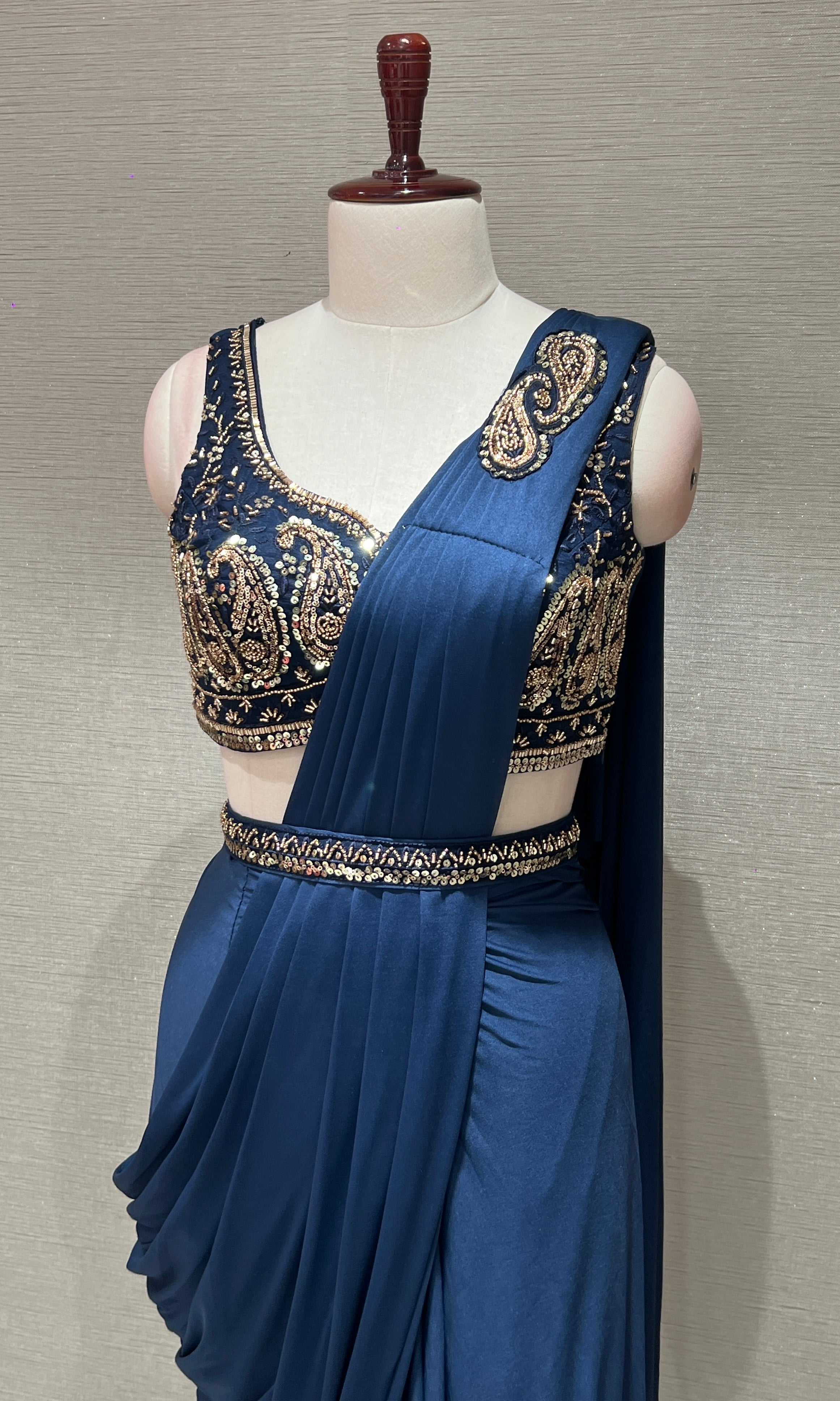 NAVY BLUE Drape Saree WITH BLOUSE & BELT