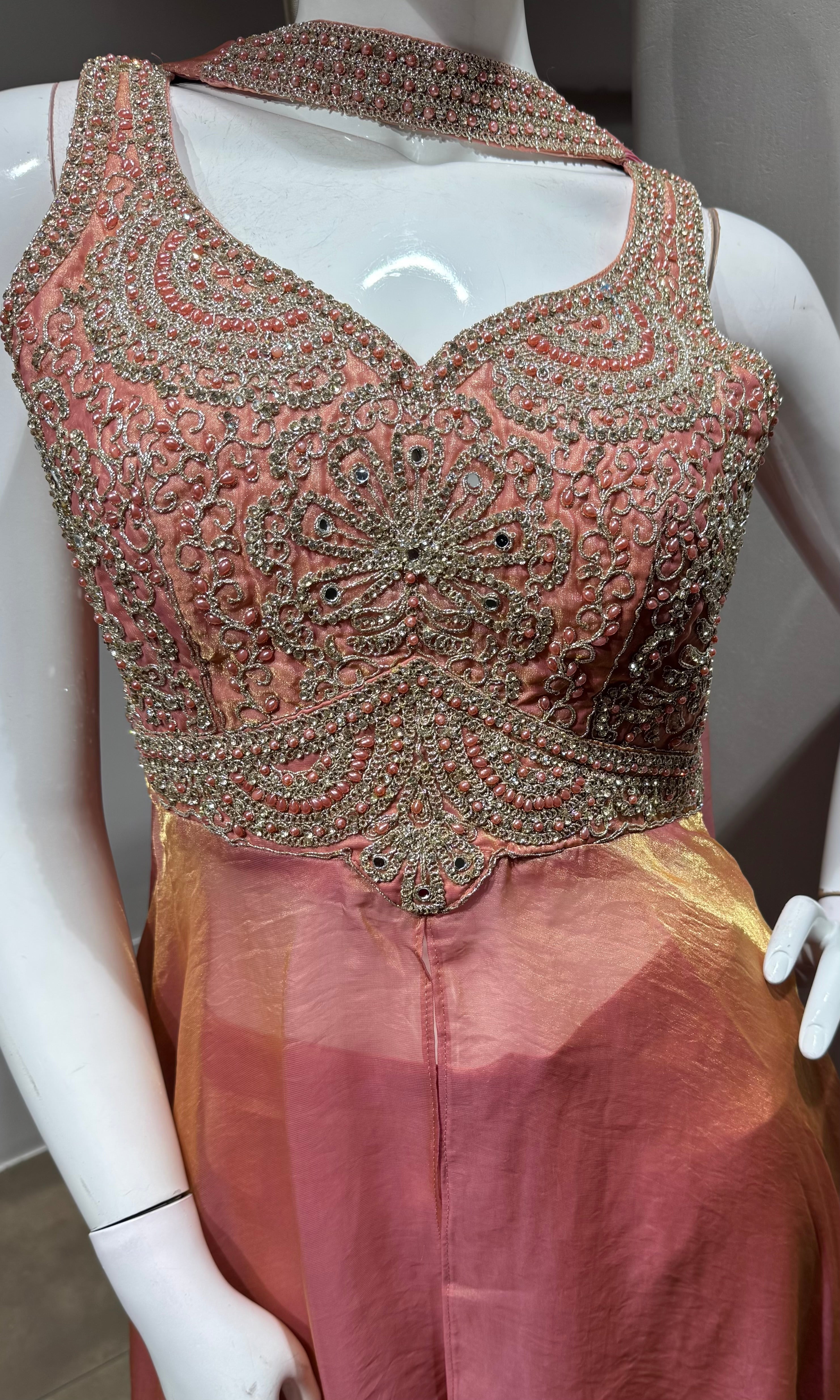 PEACH shimmer tissue embroidered palazzo set