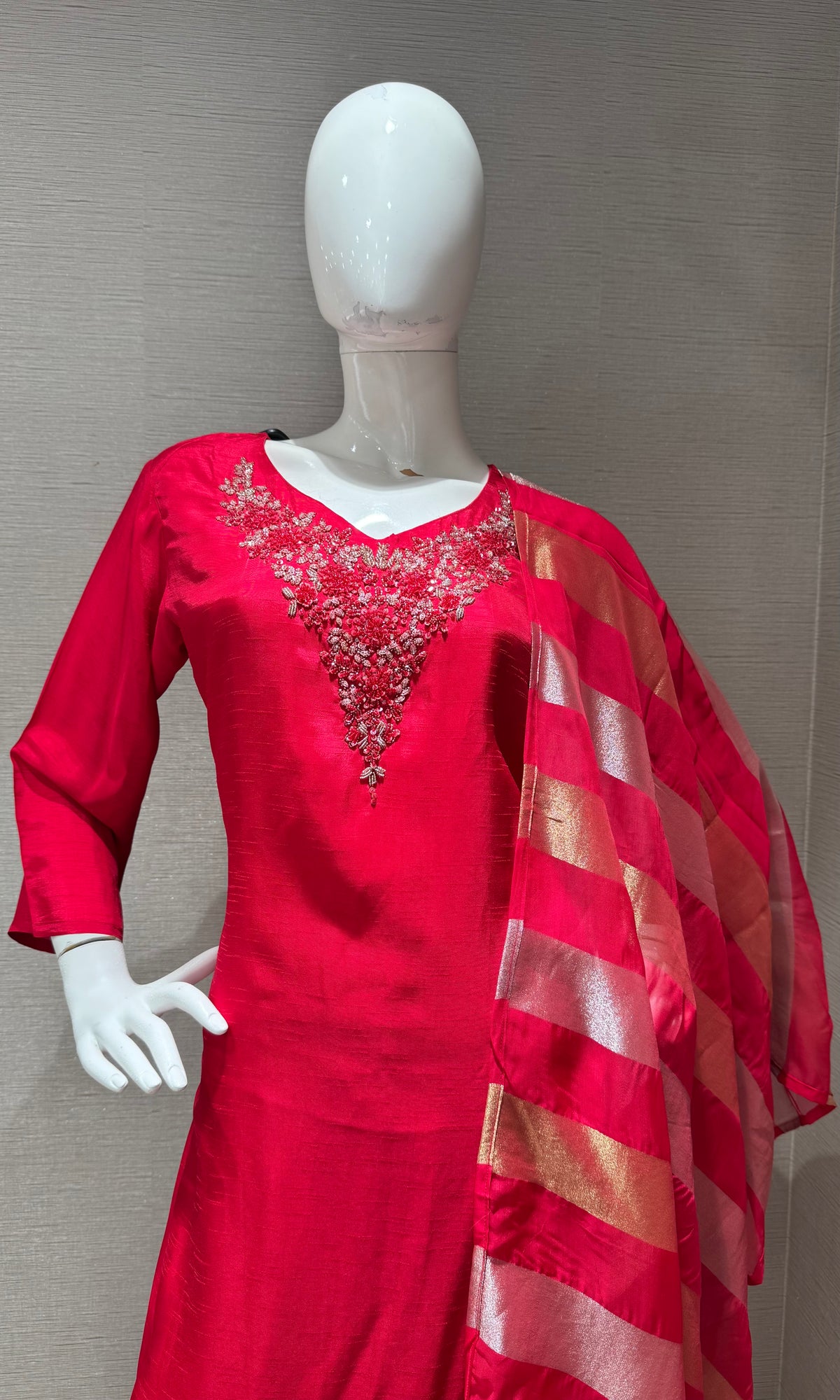 Red Mul Chanderi Kurta Set with Striped Dupatta