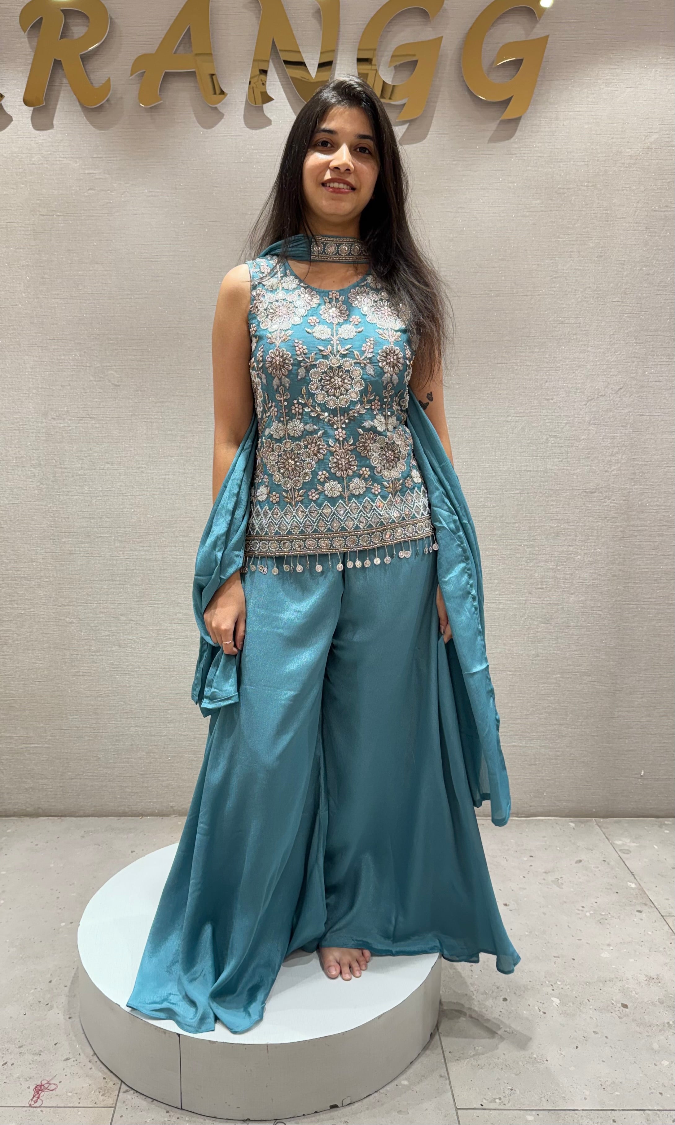 Sea Blue Embroidered Palazzo Set