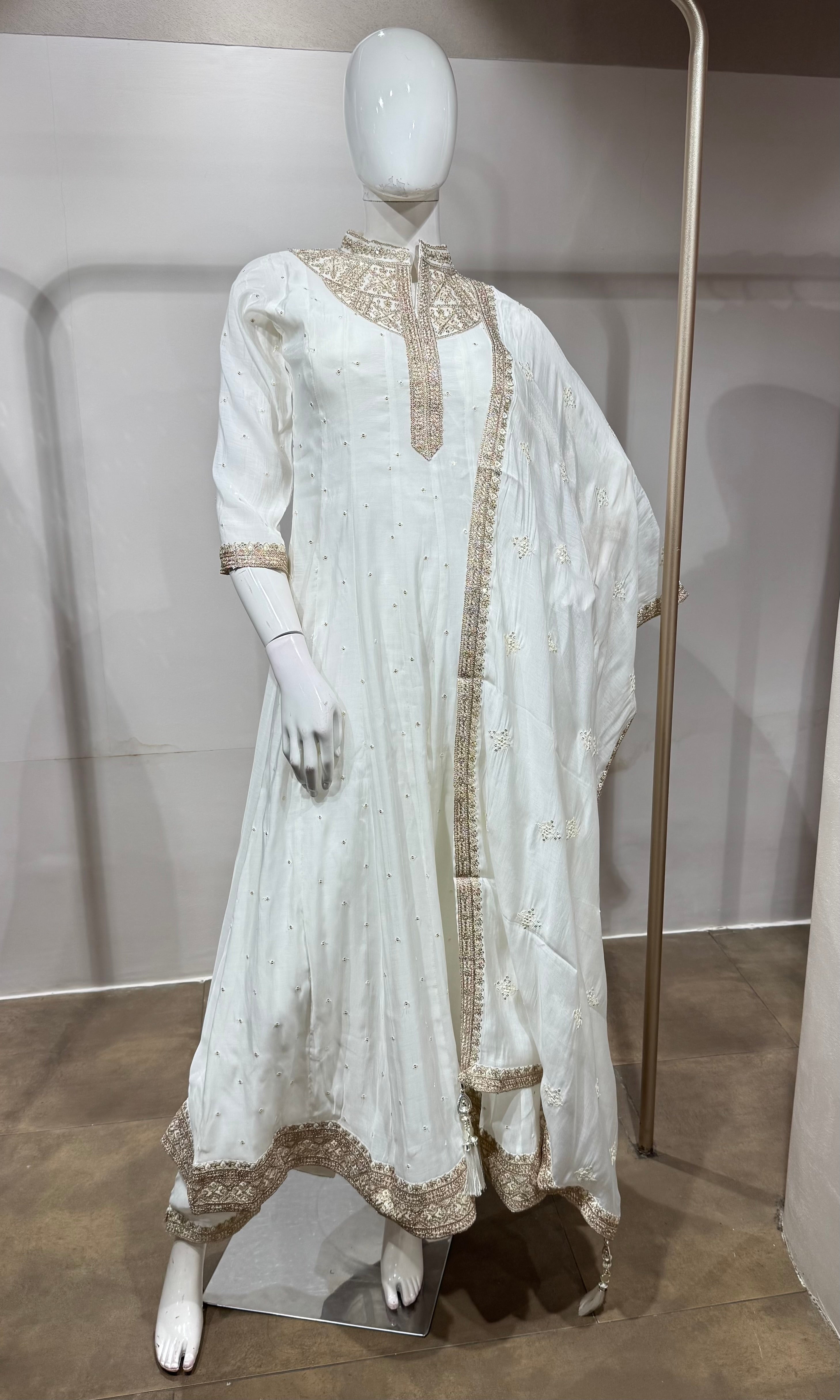 White Golden Embroidered Anarkali set
