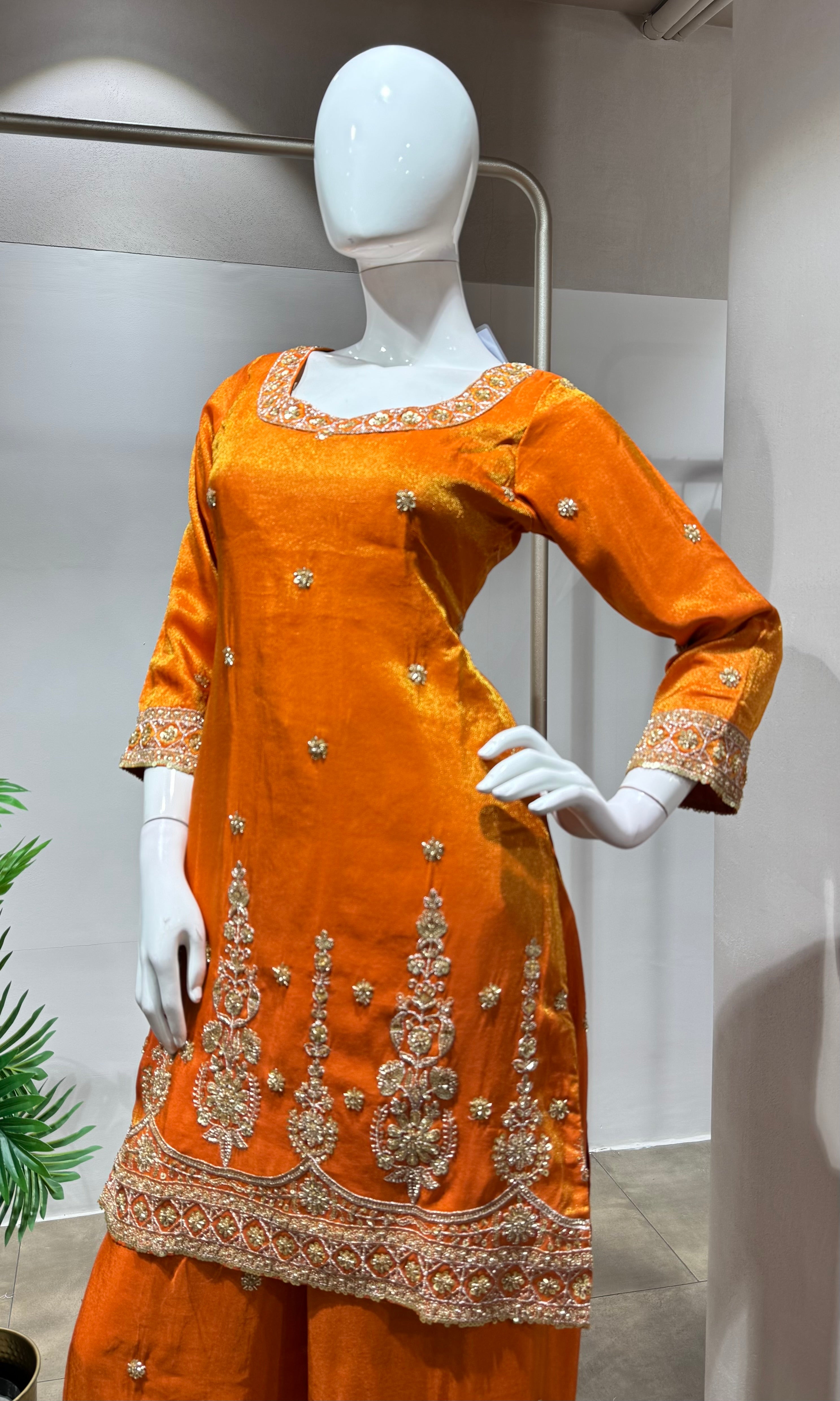 Orange  gold zari work sharara set