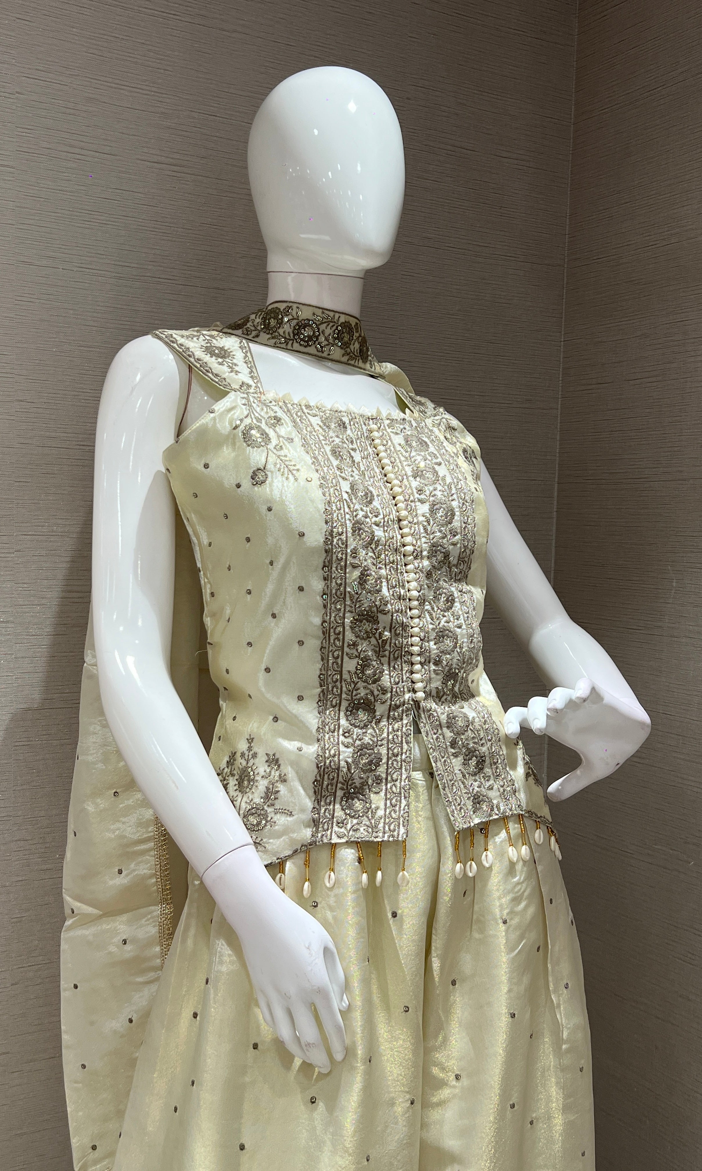 CREAM shimmer tissue short blouse Palazzo set