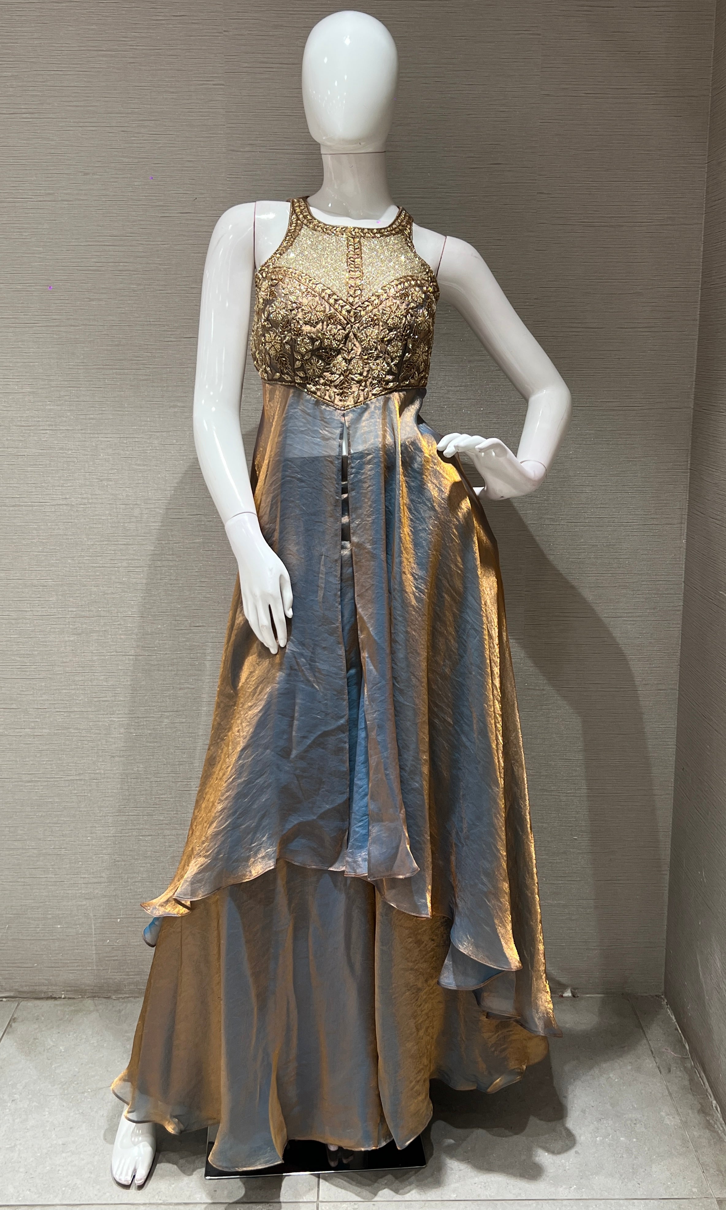 Copper GOLD SHIMMER SILK PALAZZO WITH HALTER NECK