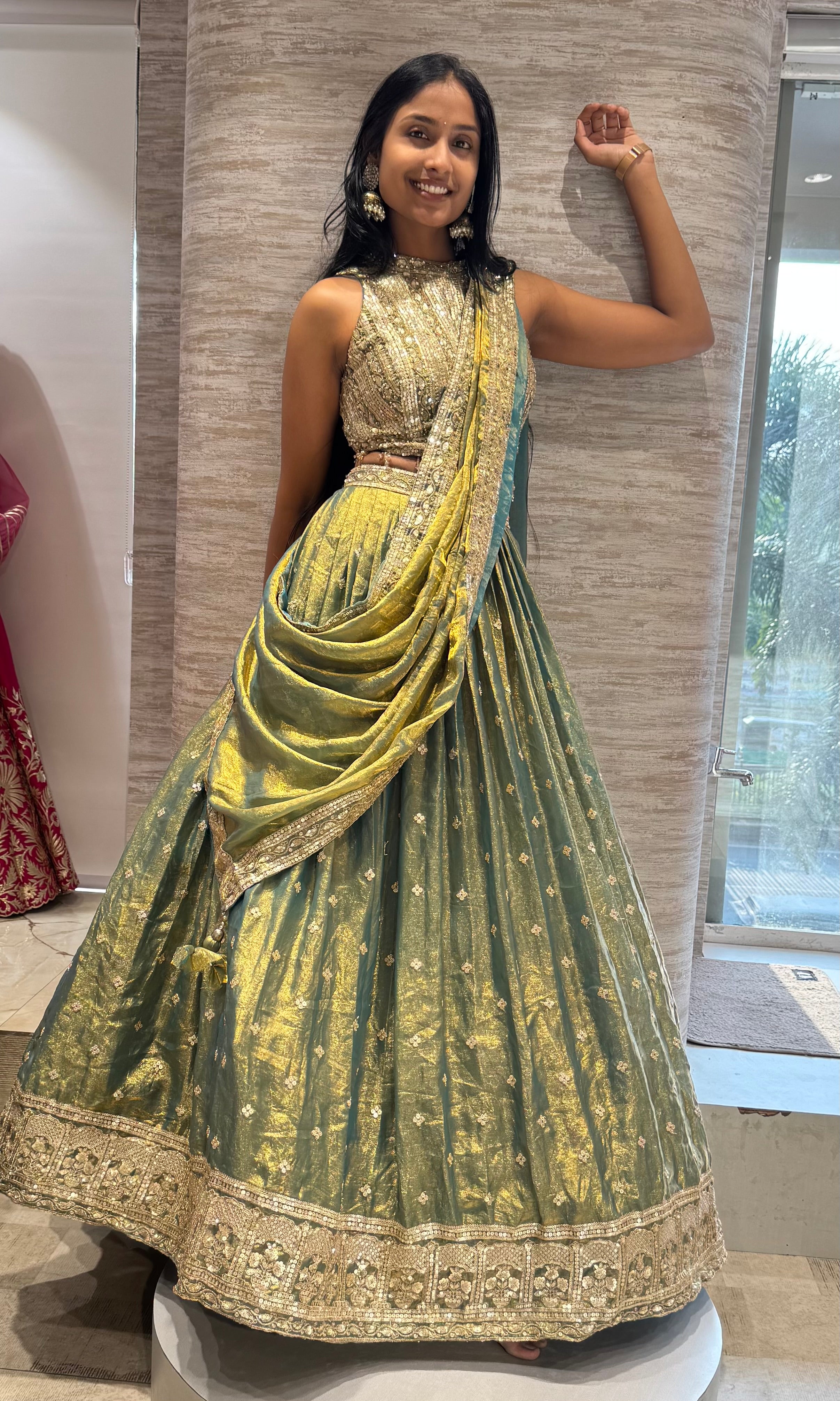 Mehandi Green Tissue Silk Lehenga with blouse