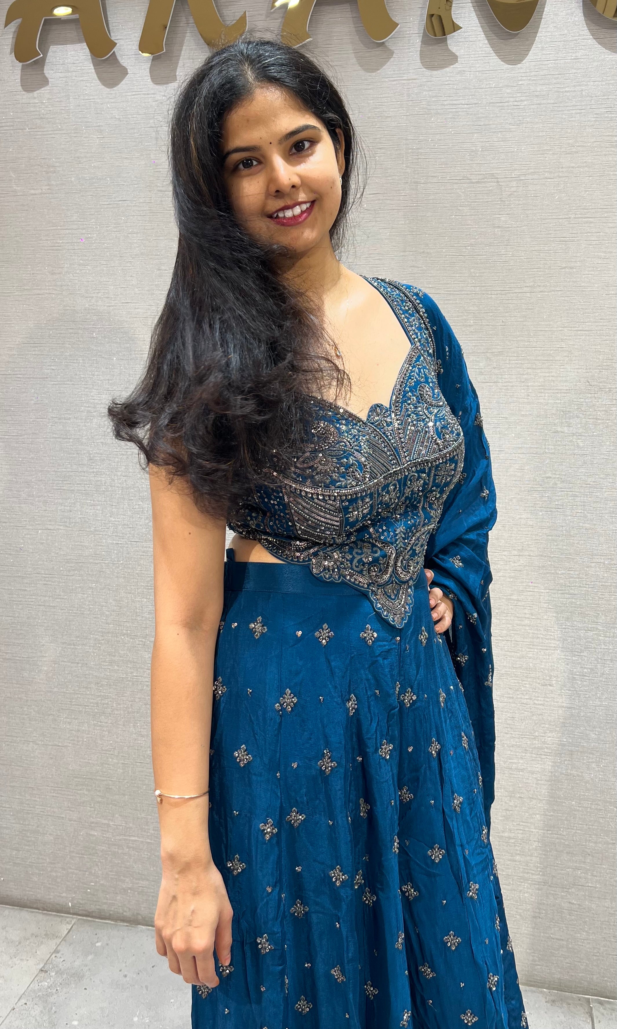 Navy Blue Chinon silk Embroidered Crop top Palazzo set