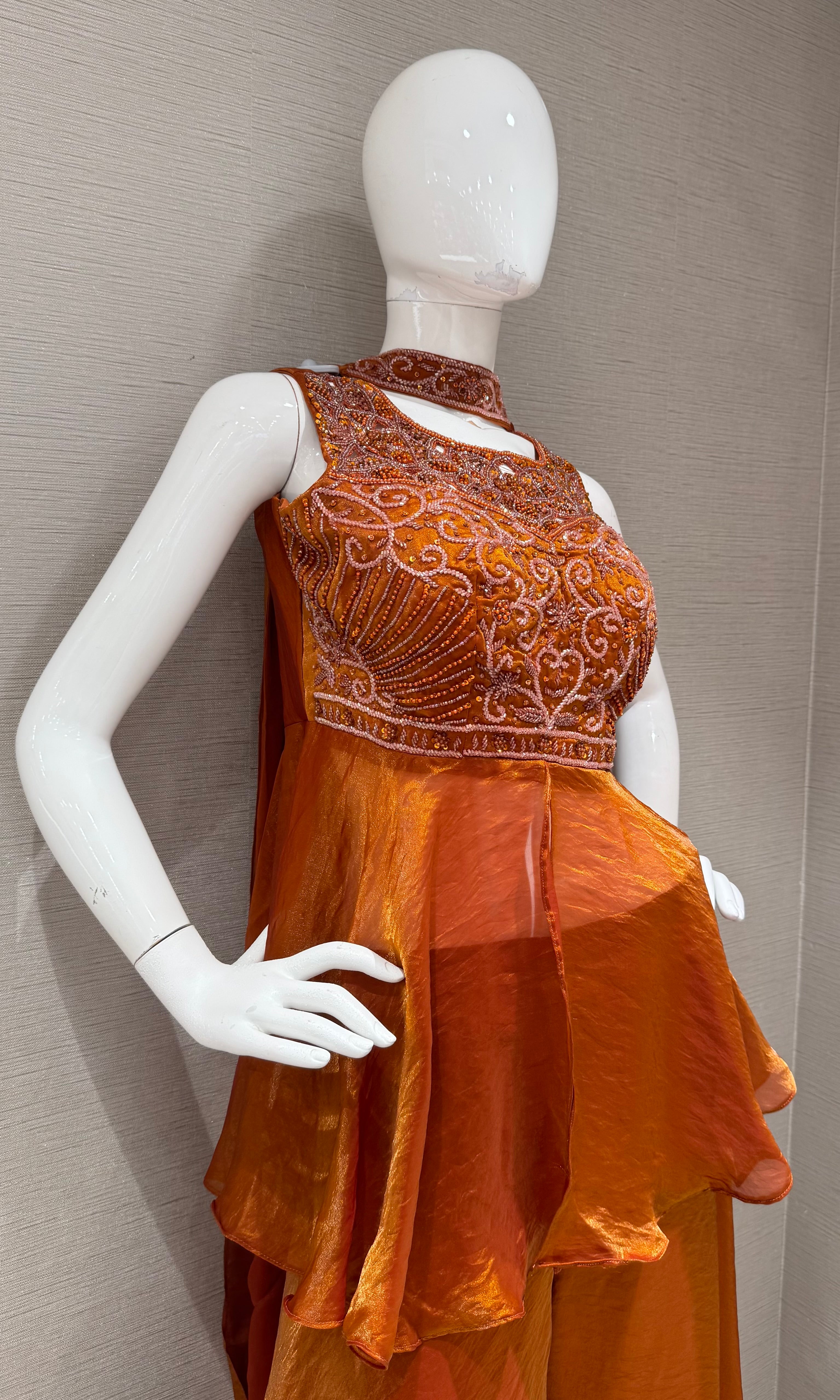 Rust Orange Embroidered Peplum Palazzo Set