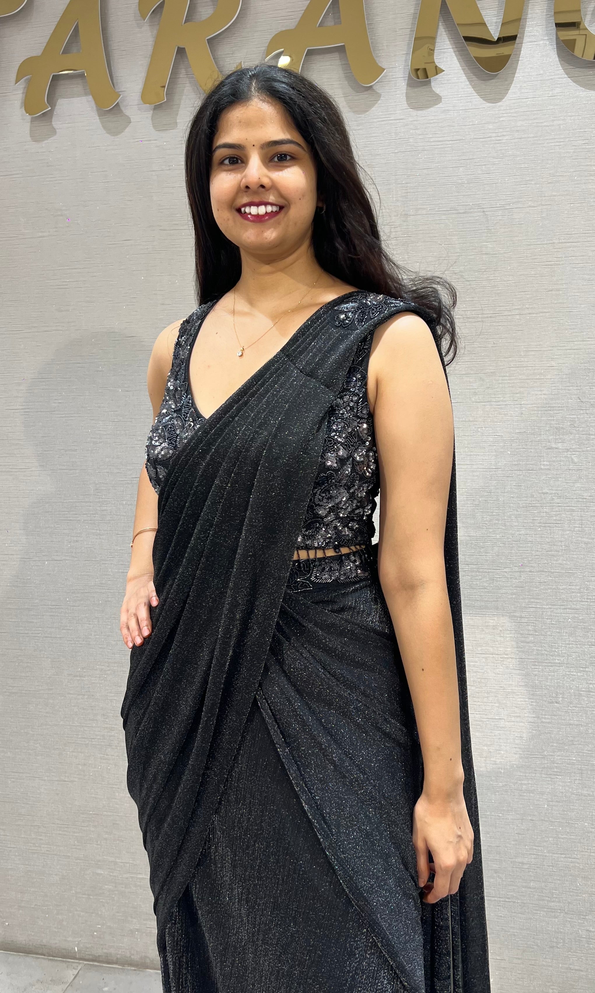 Black Shimmer Georgette Drape Saree with Velvet Blouse