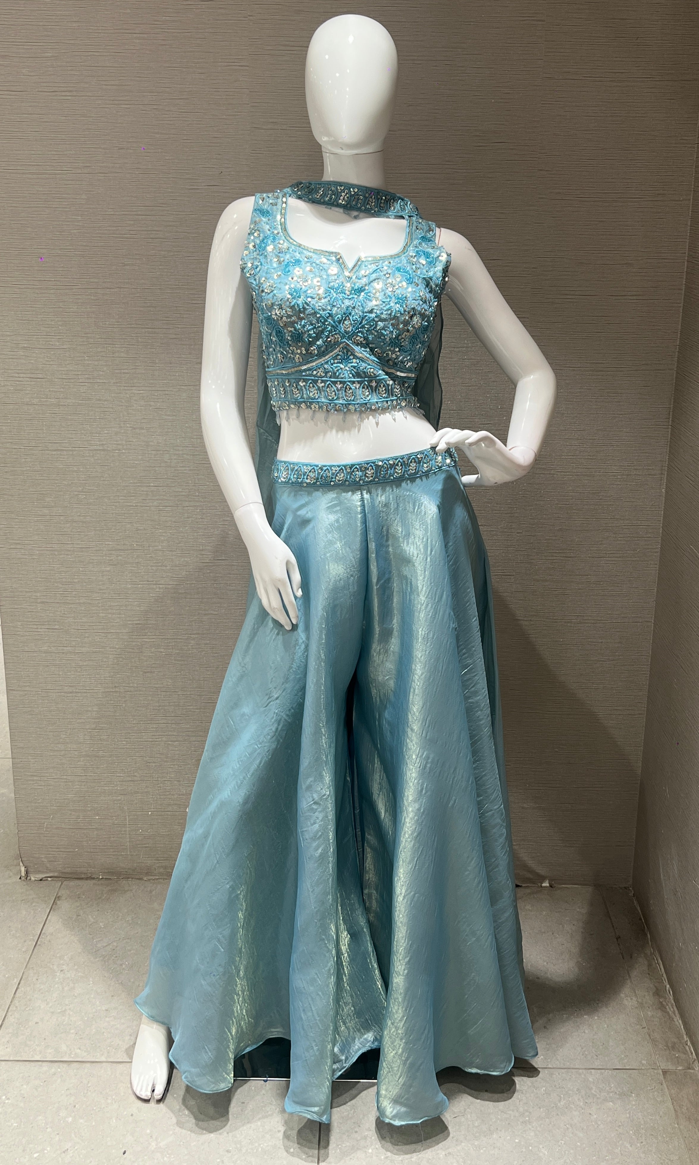 Sea Blue Sequined Embroidered Palazoo Set