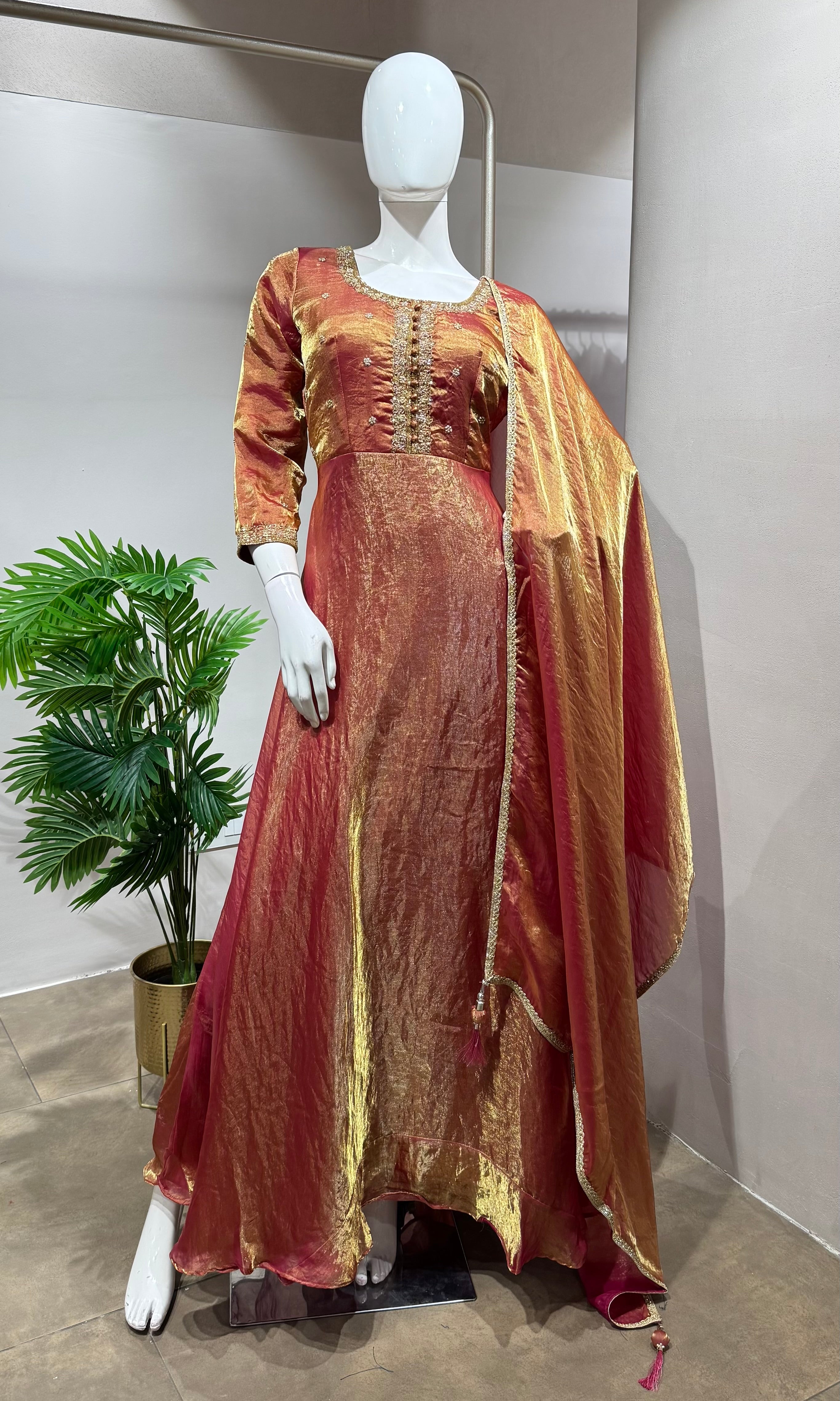 Shimmering RUST-Gold Silk Tissue Anarkali Set