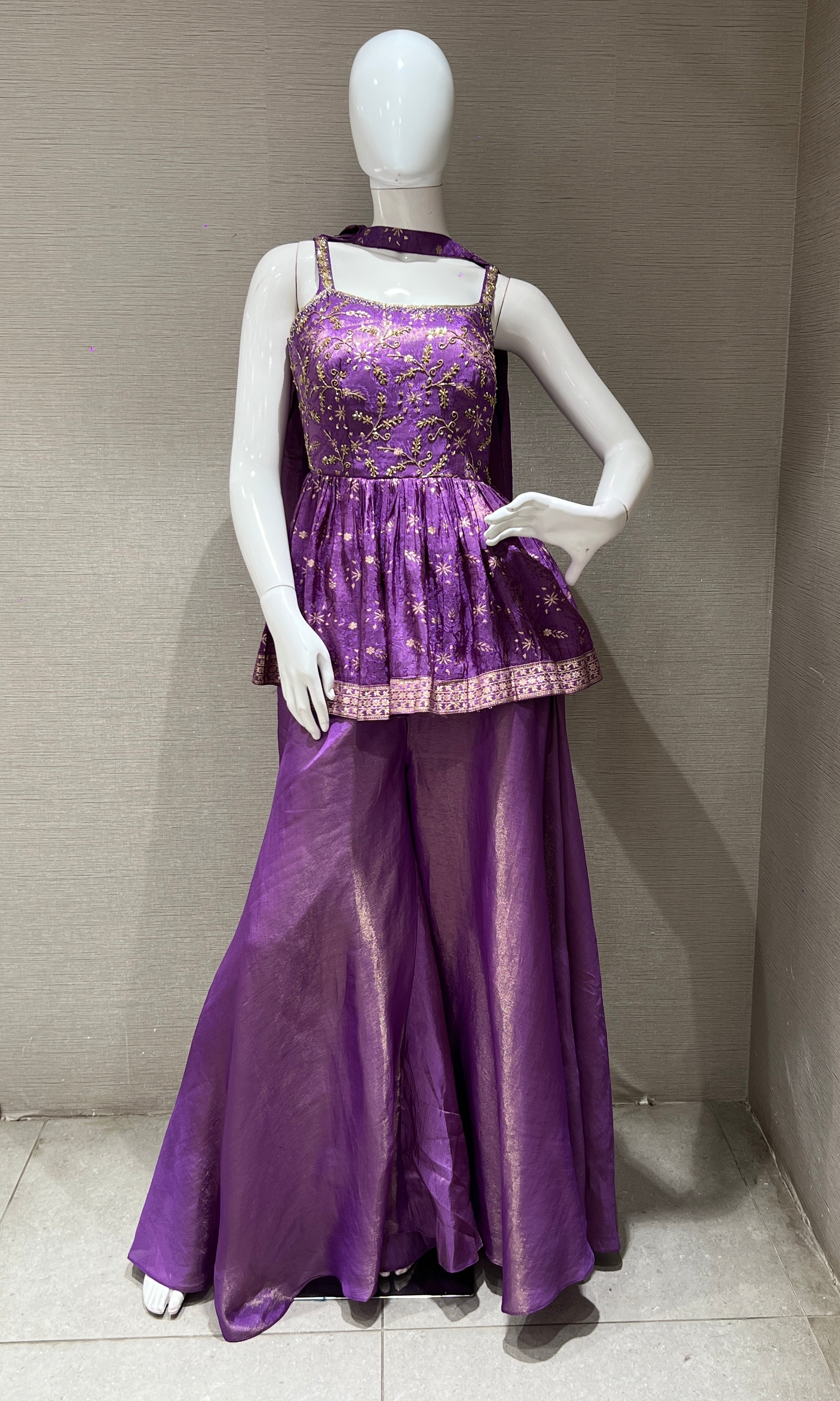 Purple shimmer tissue peplum palazzo set