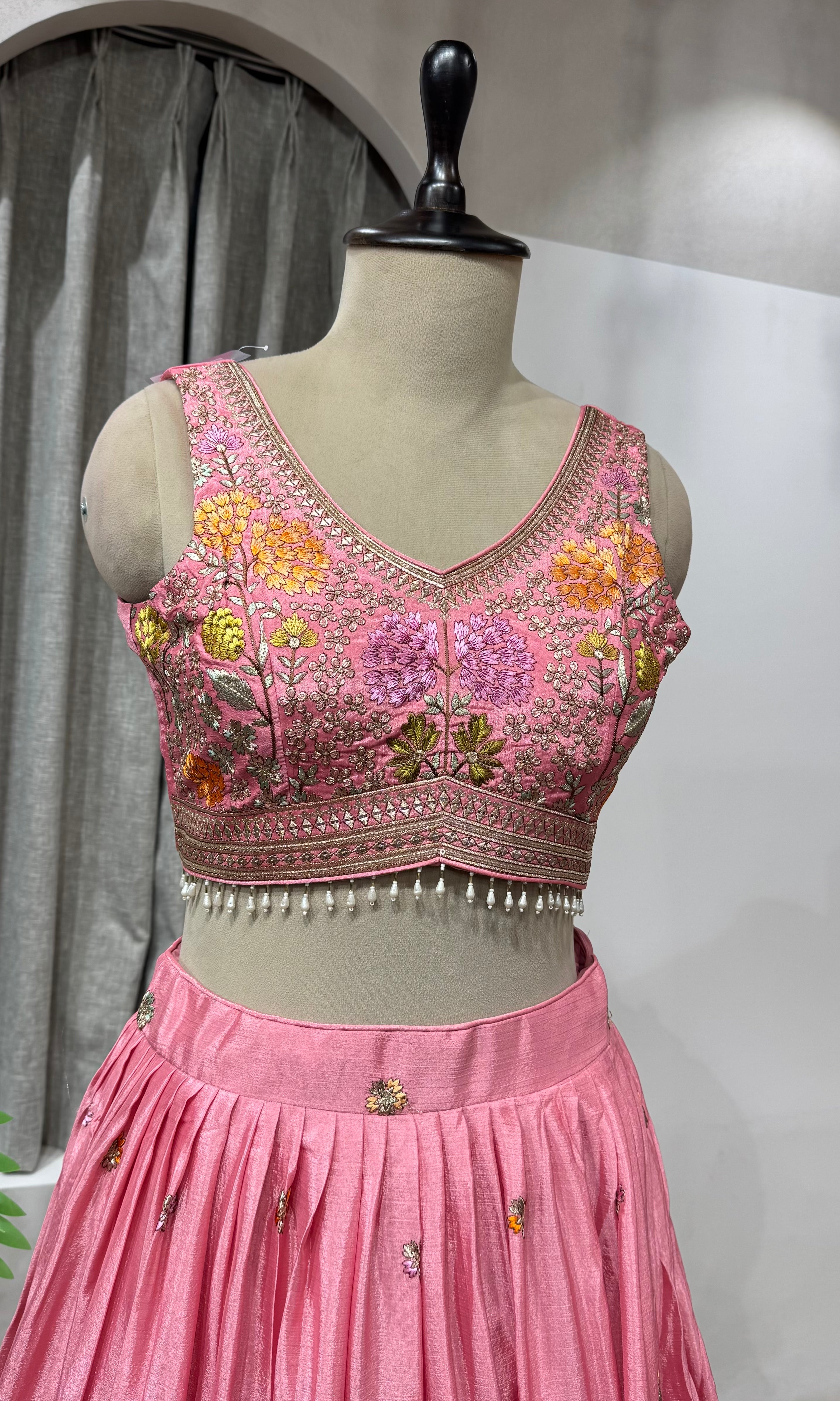Pink Organza Embroidered Bridal Lehenga