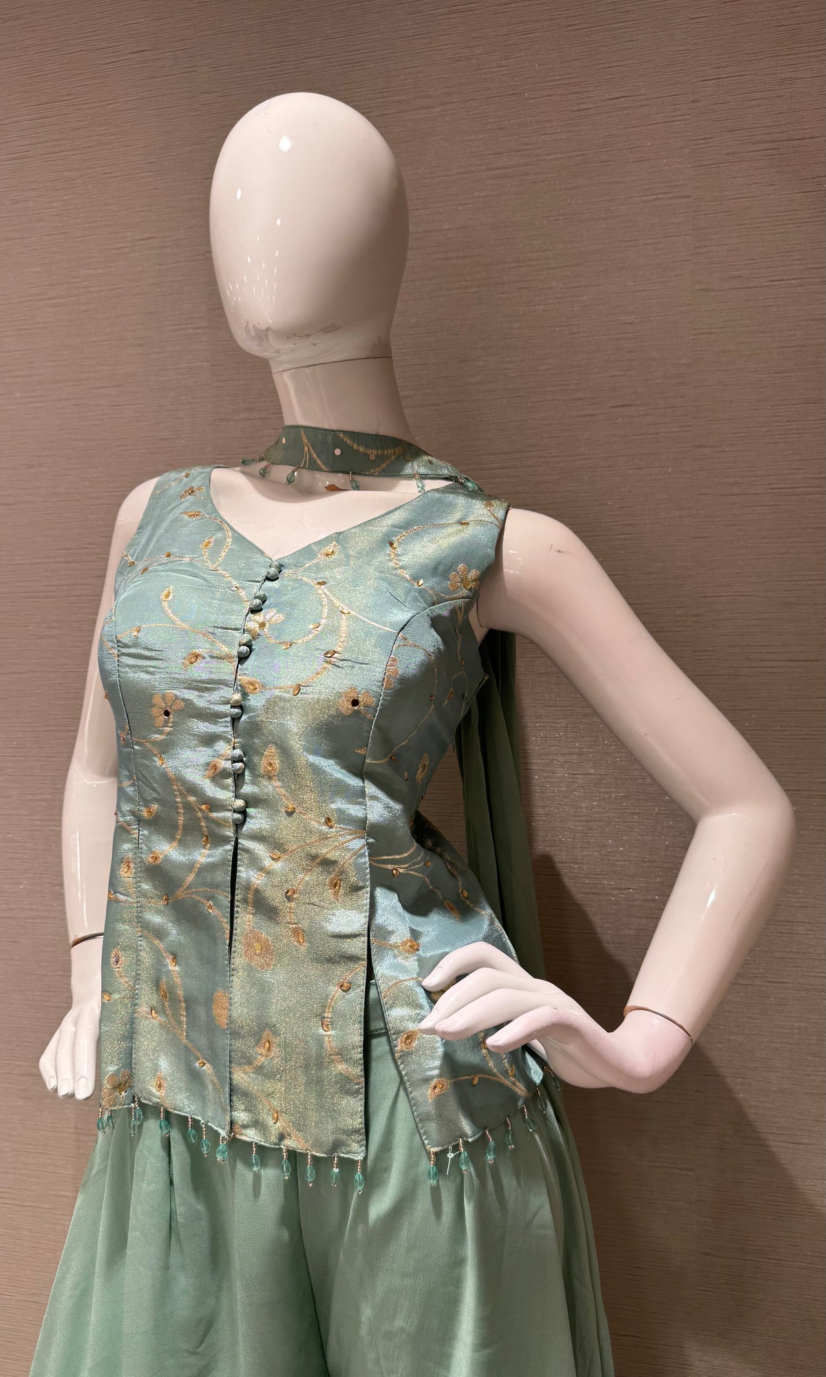Sage Green Tissue Embroidered Fusion Palazzo Set