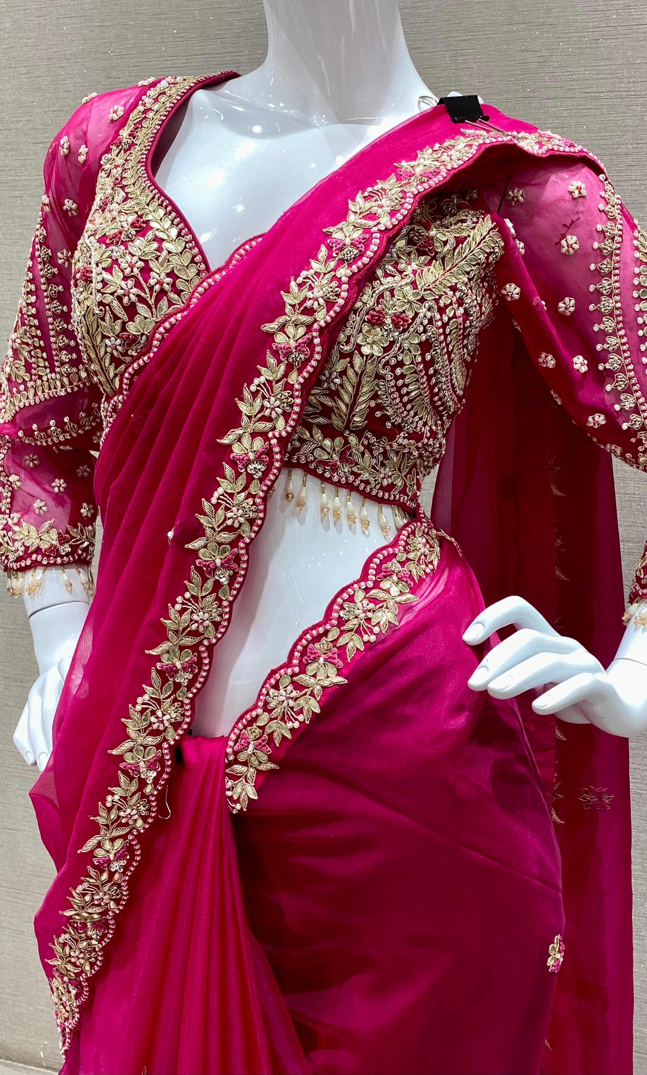 Pink saree with ready blouse