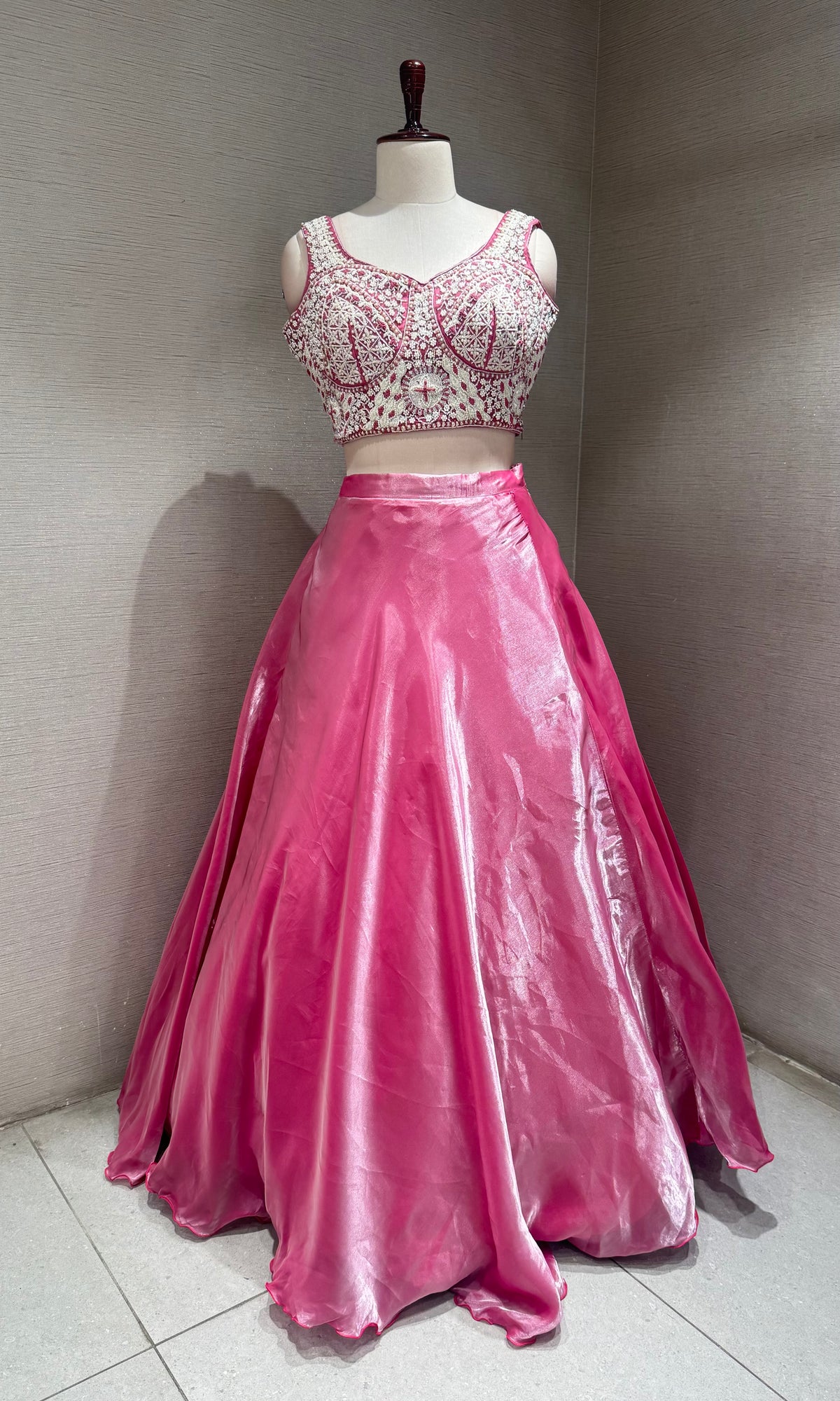 Fuchsia Pink Satin Floral Lehenga set with Sheer Cape Sleeves