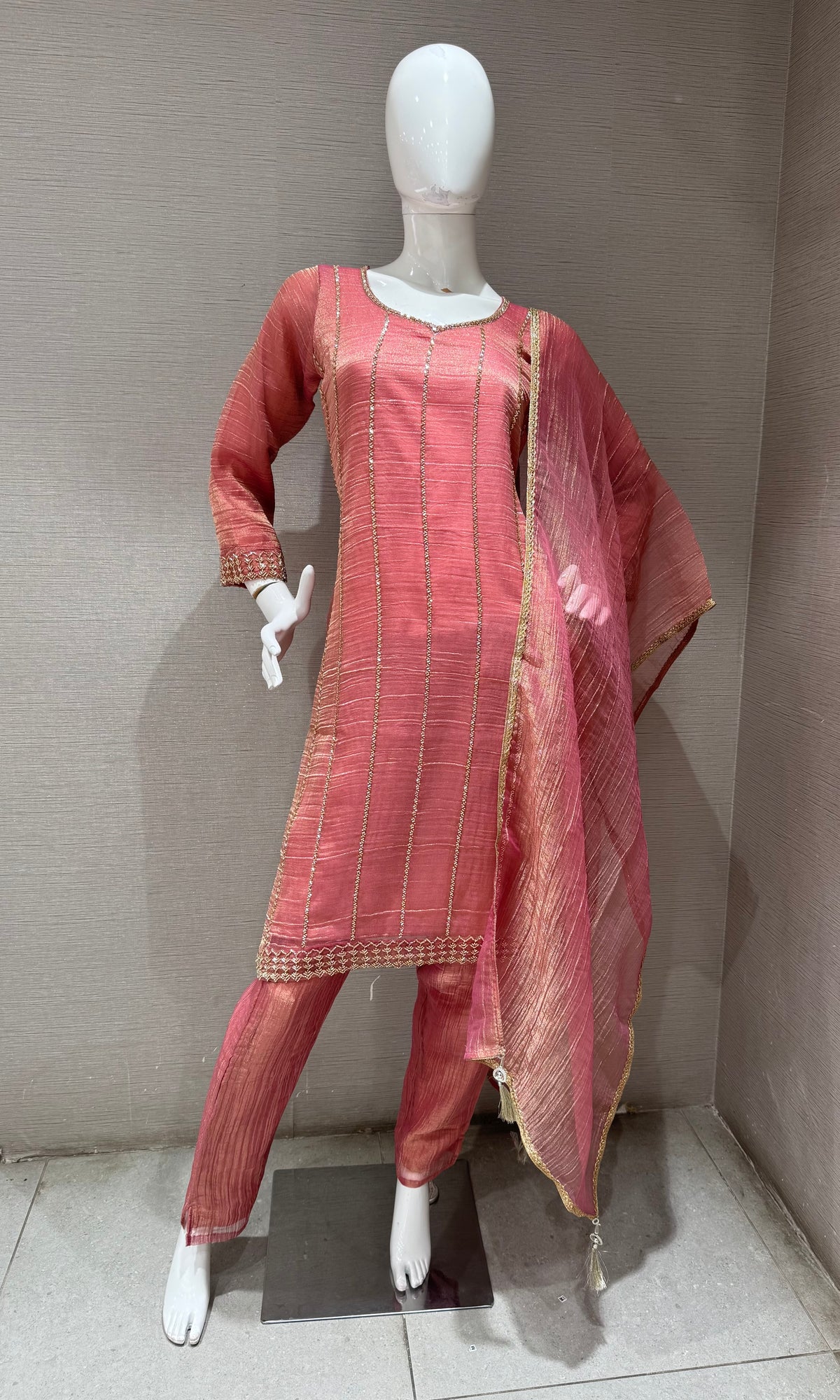 Pink Shimmer Striped ethnic Straight Cut kurta set
