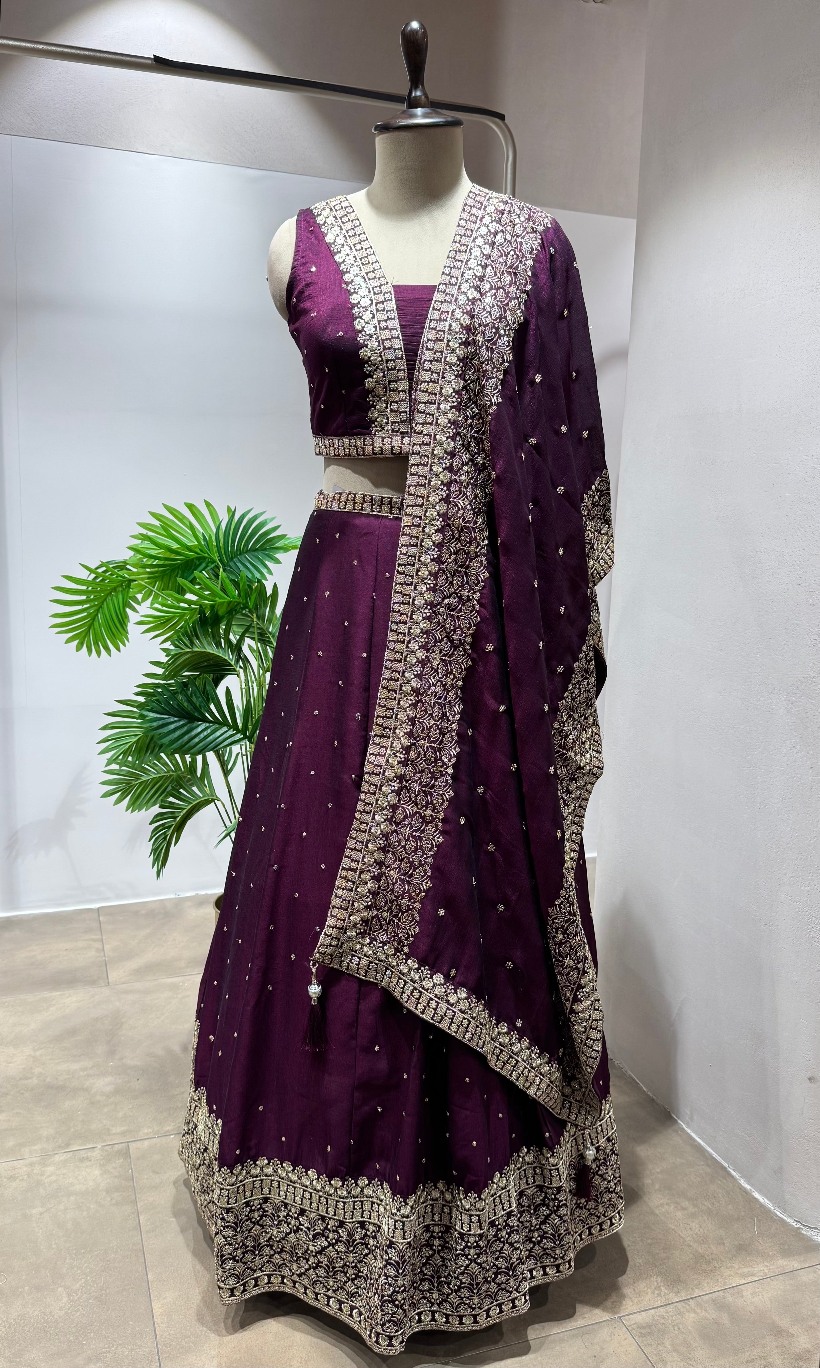 Wine Silk Lehenga with Intricate Zari Embroidery
