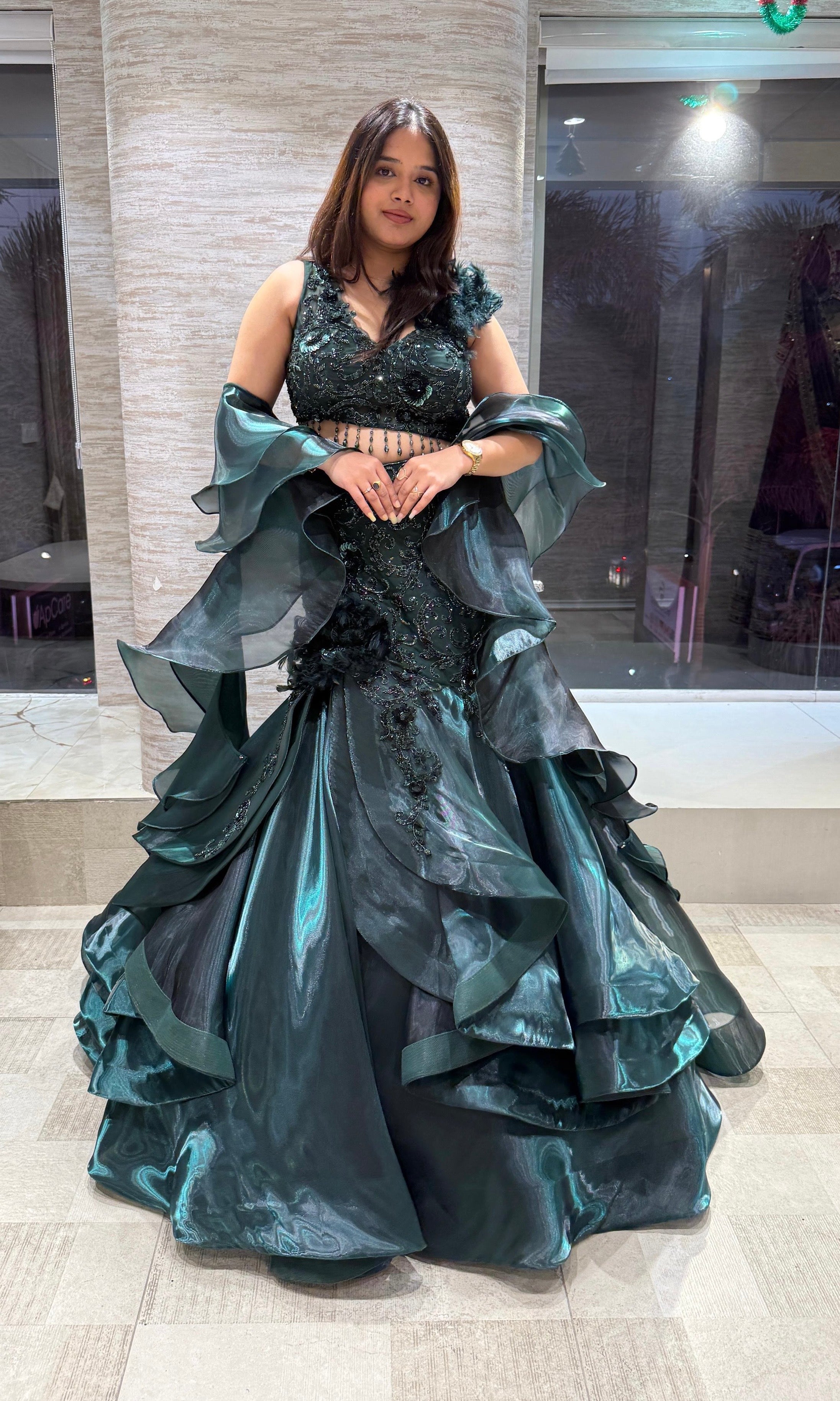 green Emerald Ruffle Lehenga