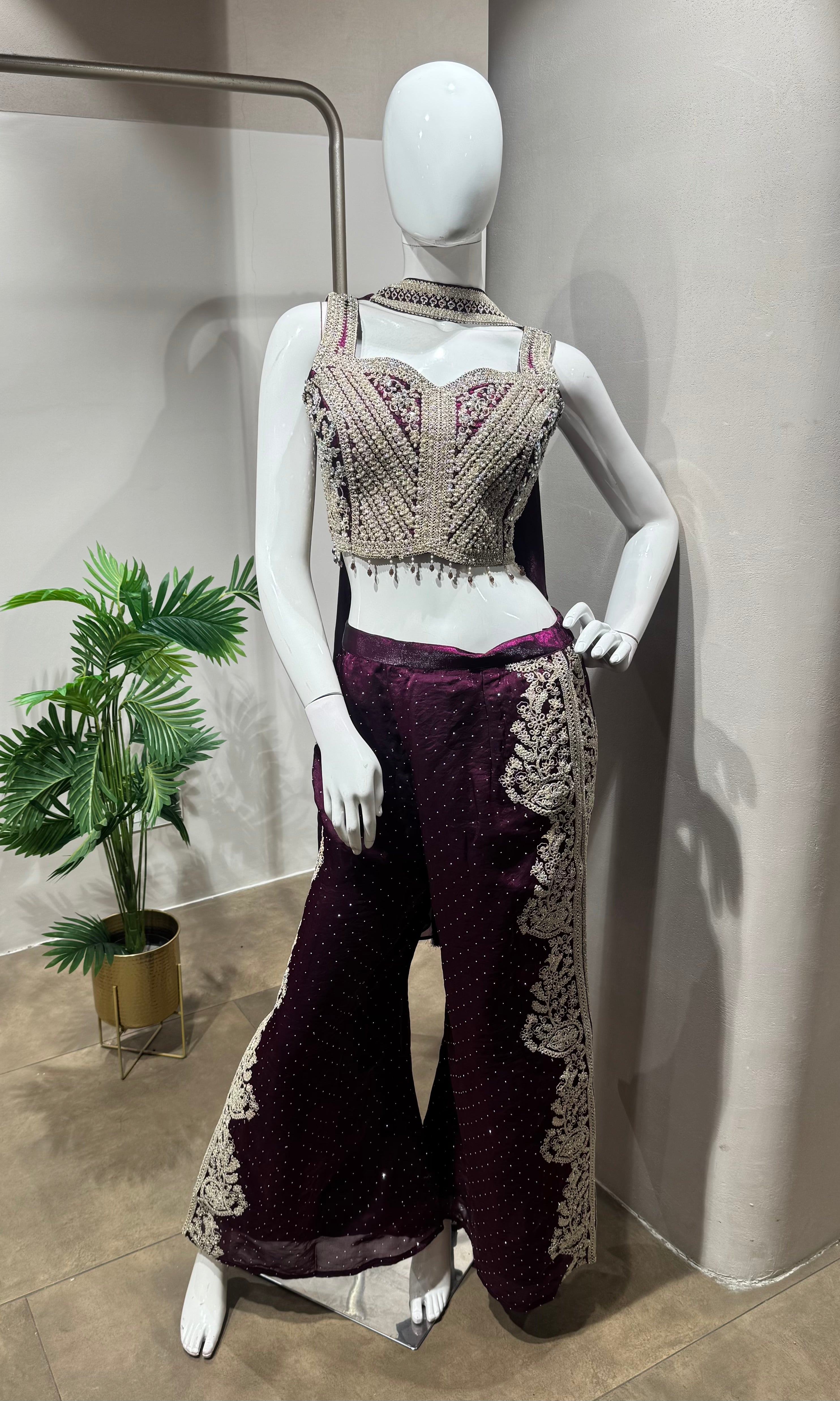 WINE embroidered crop top palazzo set