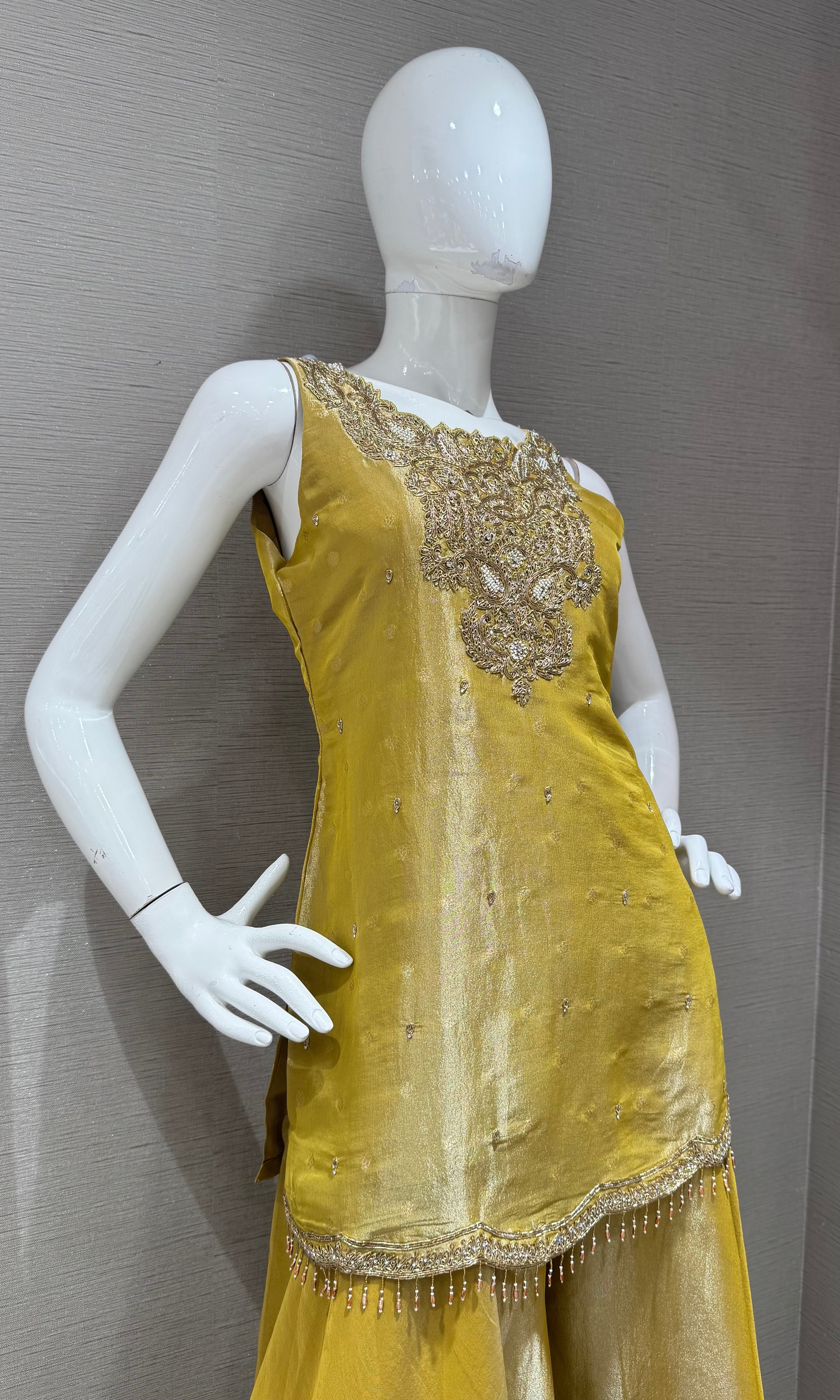 Mustard Gold Tissue silk Embroidered Sharara Set