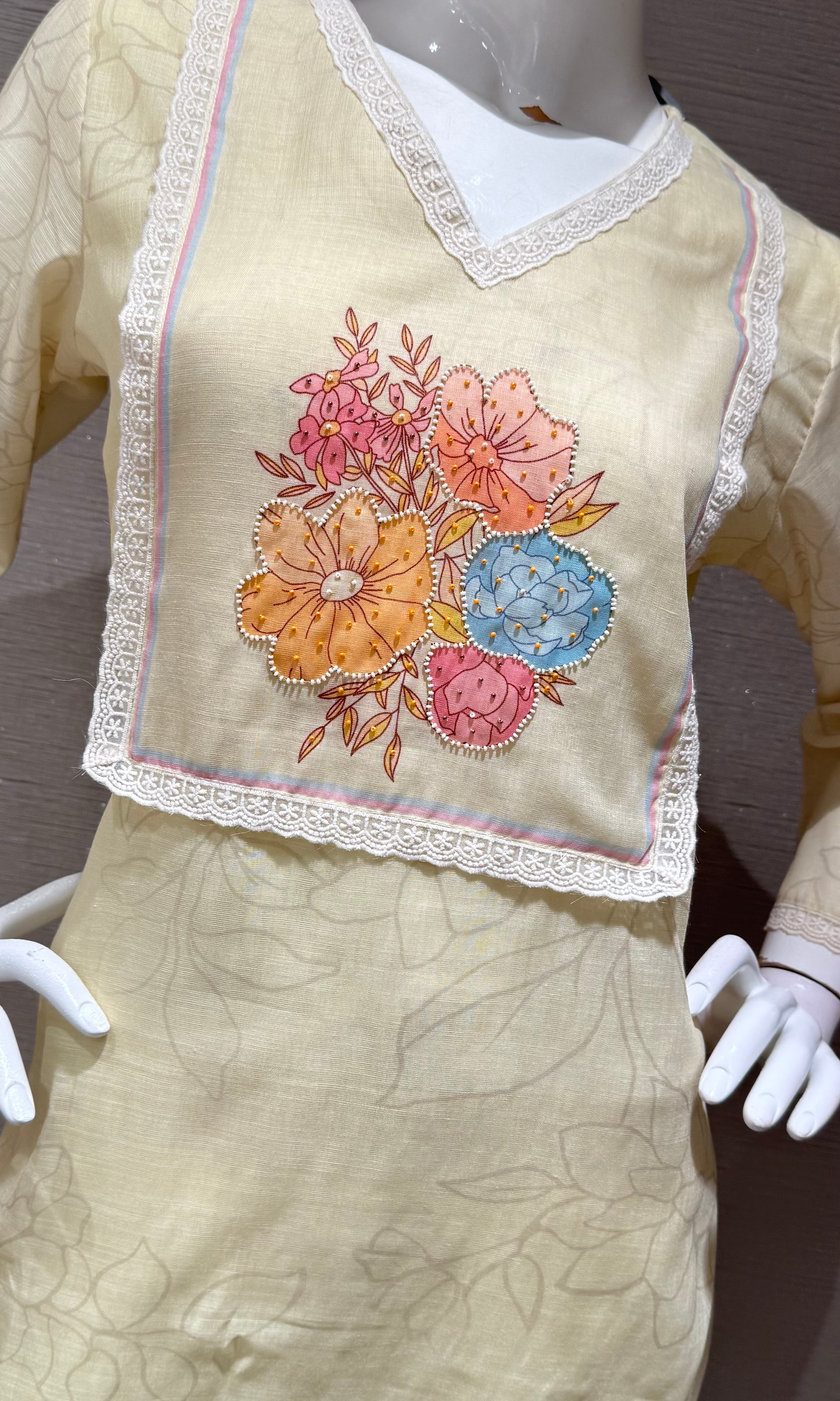 Light Yellow Straight Kurta Set with Multicolor Pastel dupatta