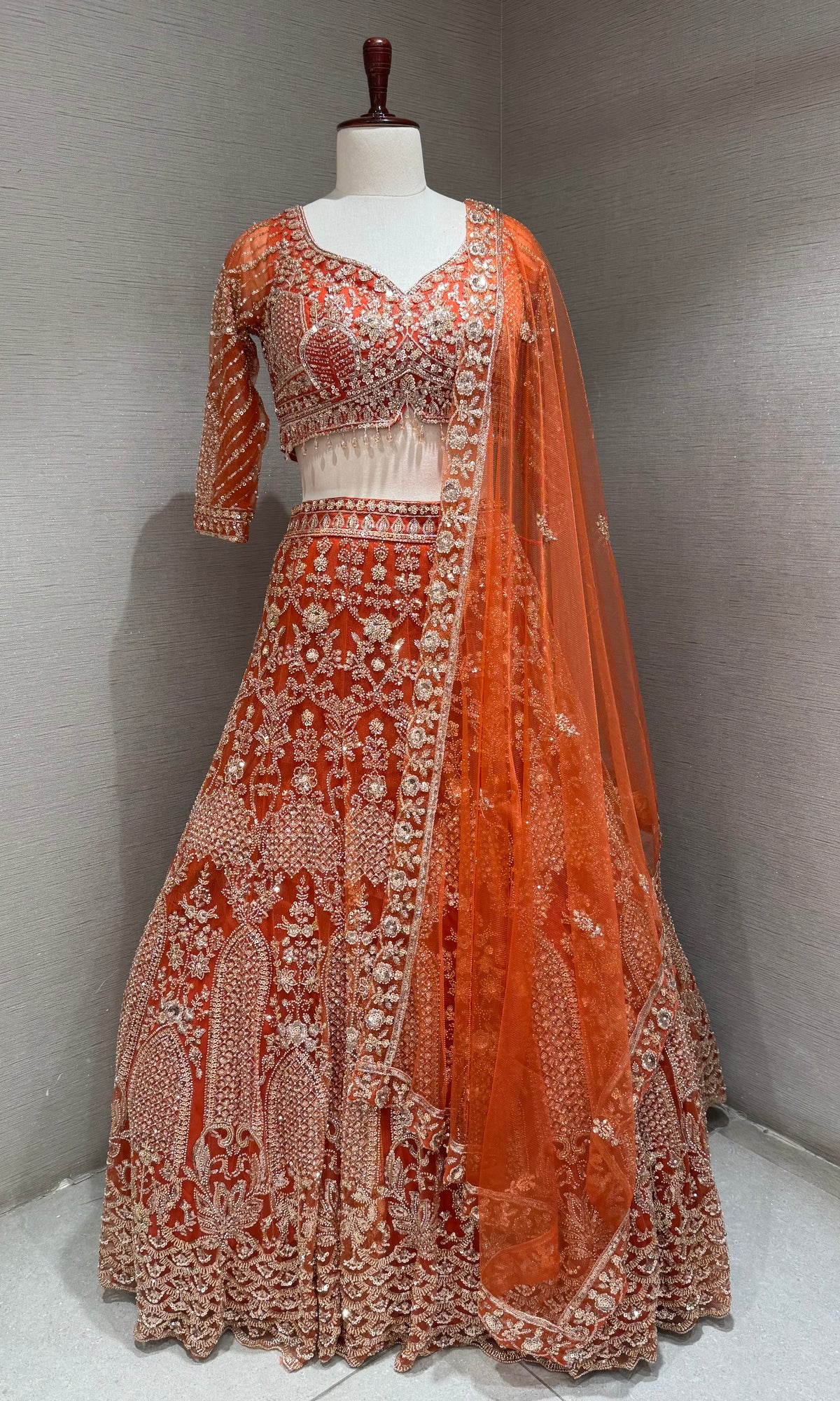 Rust Orange Georgette Motif Bridal Lehenga Set