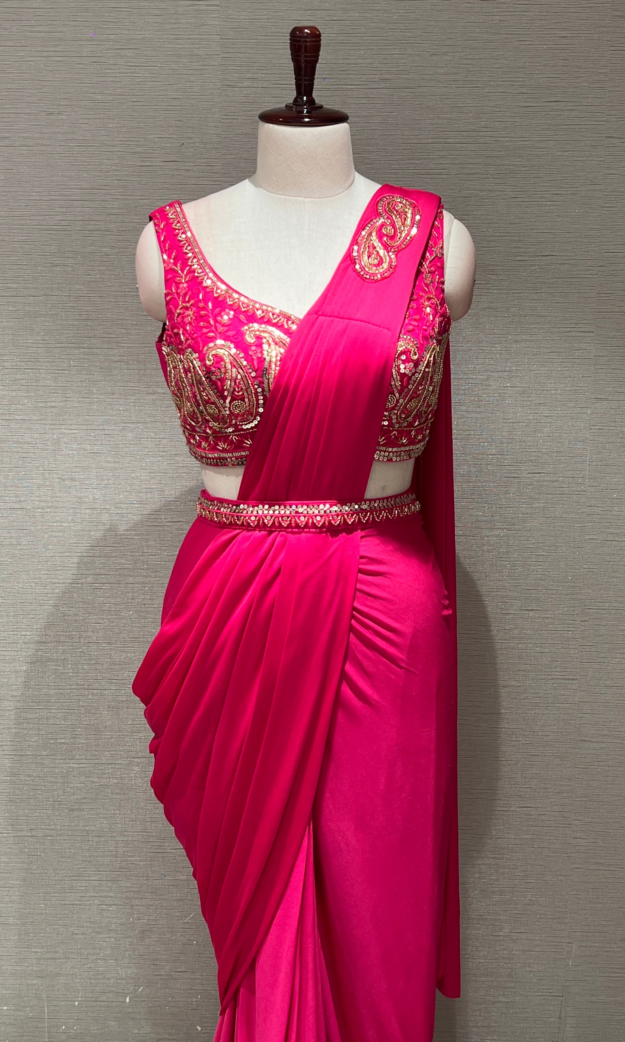 PINK Embellished Drape Saree WITH BLOUSE & BELT