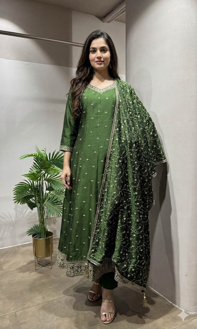 Green Embroidered Anarkali Set with dupatta